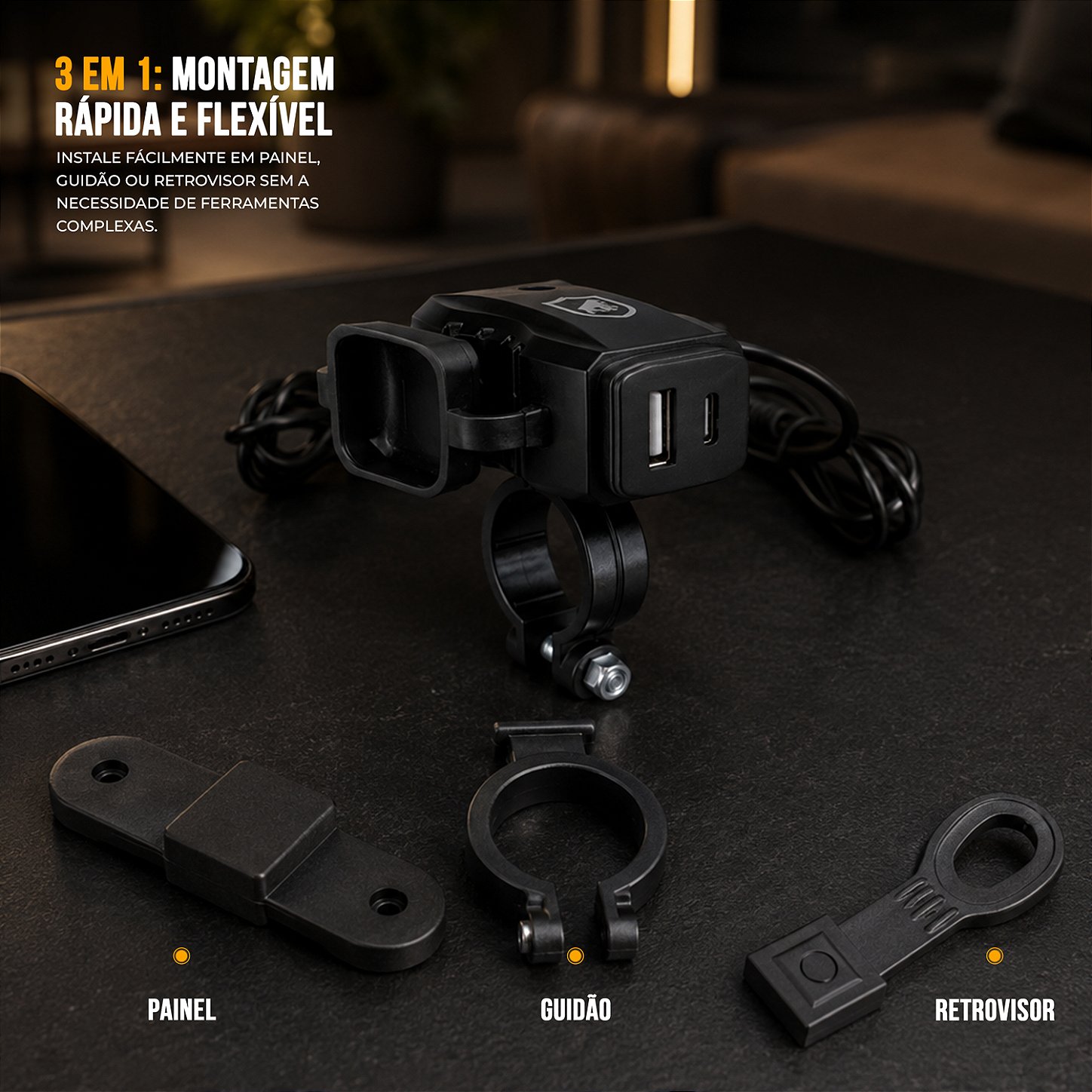 Carregador de Celular Universal para Moto USB-A + USB-C, Carregamento Rápido 15W e Fixação 3 em 1 - Preto - Gshield - foto 2
