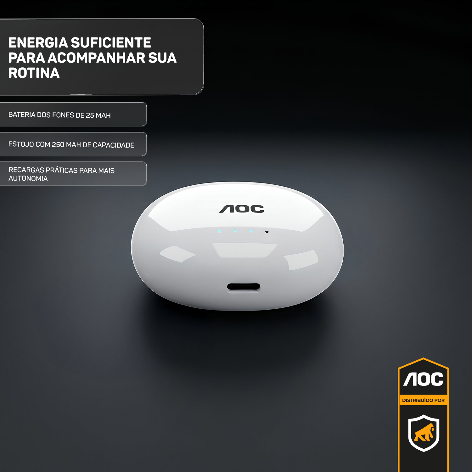 Fone de Ouvido Bluetooth 6.0 Branco Sem Fio - Baixa Latência, Estojo com Bateria e Controle Touch - AOC - foto 3