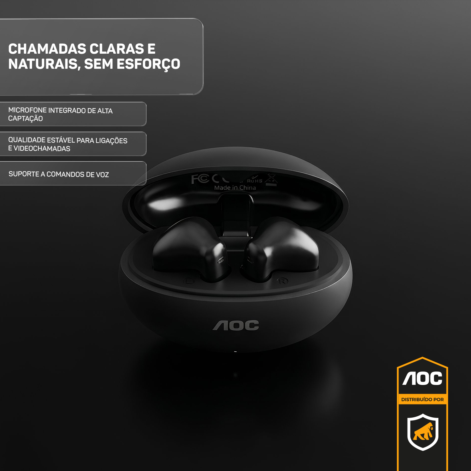Fone de Ouvido Bluetooth 6.0 Earbuds TWS Sem Fio com Estojo Carregador, Microfone e Controle Touch - Preto - AOC - foto 3