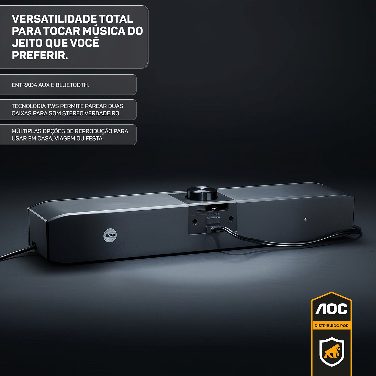 Caixa de Som Soundbar Bluetooth 5.3 - Estéreo 6W RGB com AUX e TWS - AOC