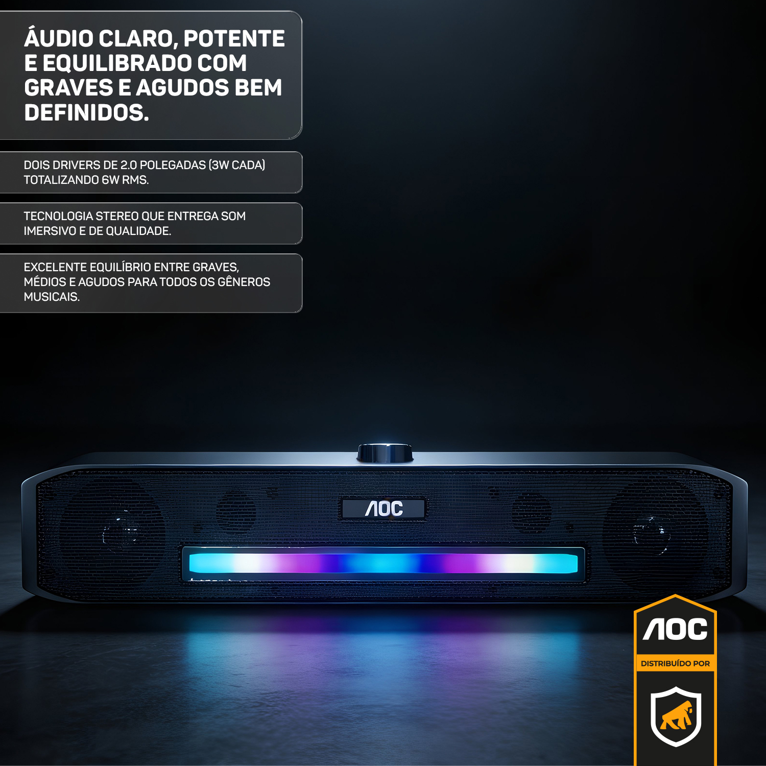 Caixa de Som Soundbar Bluetooth 5.3 - Estéreo 6W RGB com AUX e TWS - AOC - foto 4