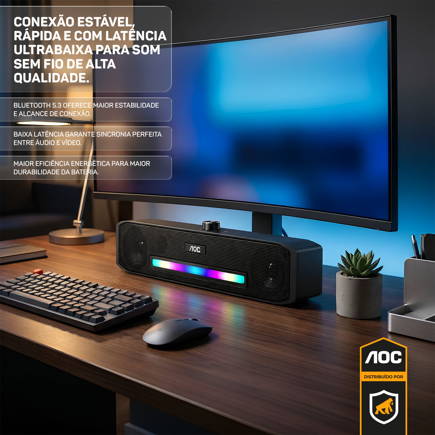 Caixa de Som Soundbar Bluetooth 5.3 - Estéreo 6W RGB com AUX e TWS - AOC - foto 5