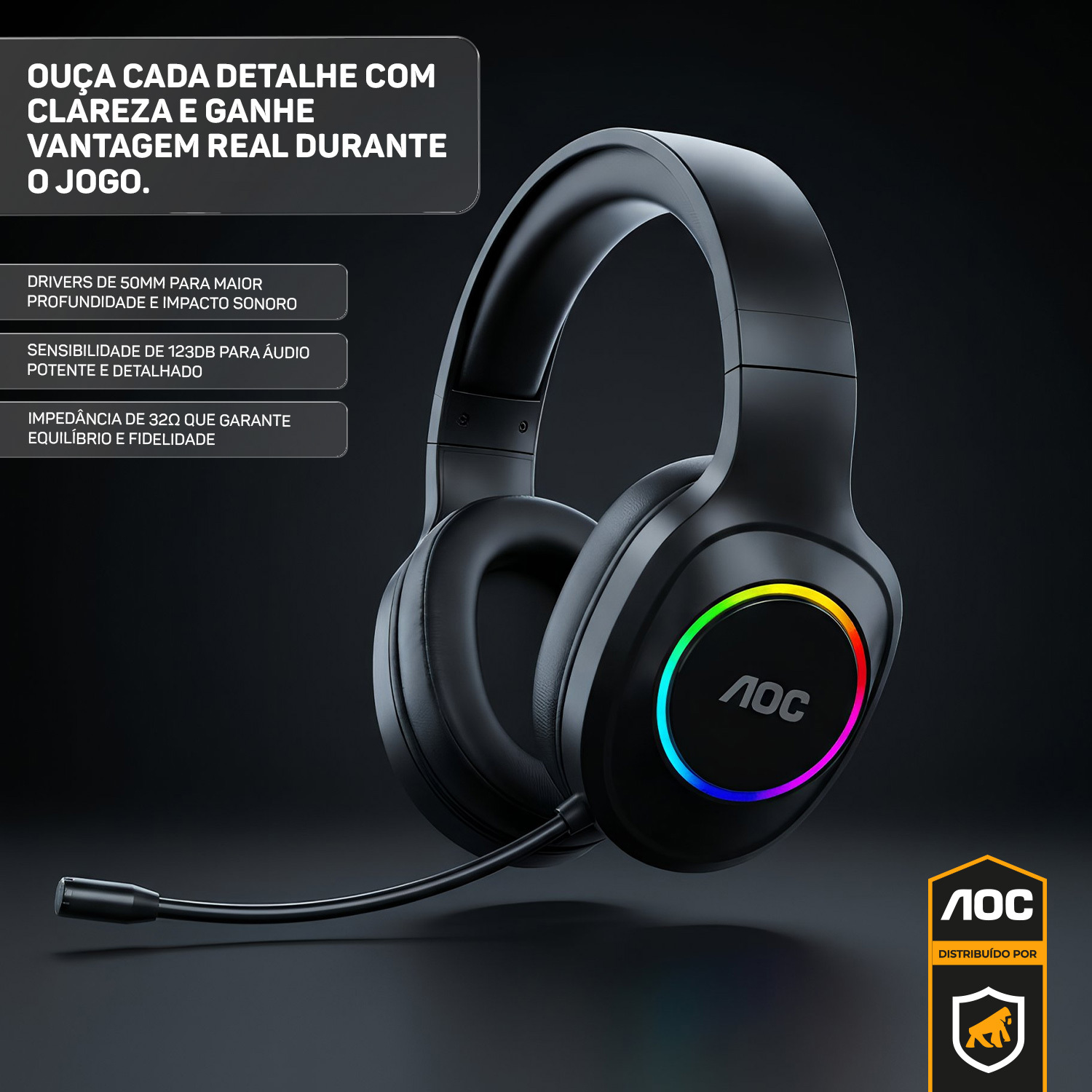 Headset Gamer Sem Fio 2.4G + Bluetooth - RGB, Microfone, Baixa Latência – Preto - AOC - foto 2