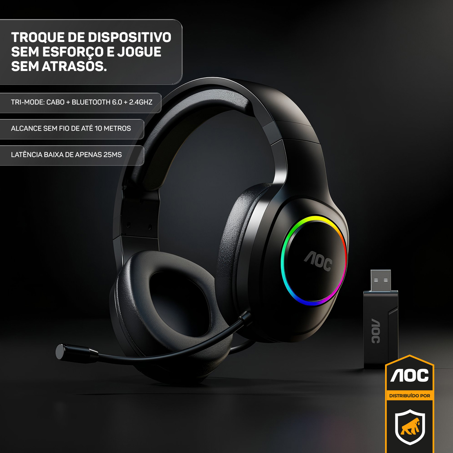 Headset Gamer Sem Fio 2.4G + Bluetooth - RGB, Microfone, Baixa Latência – Preto - AOC - foto 3