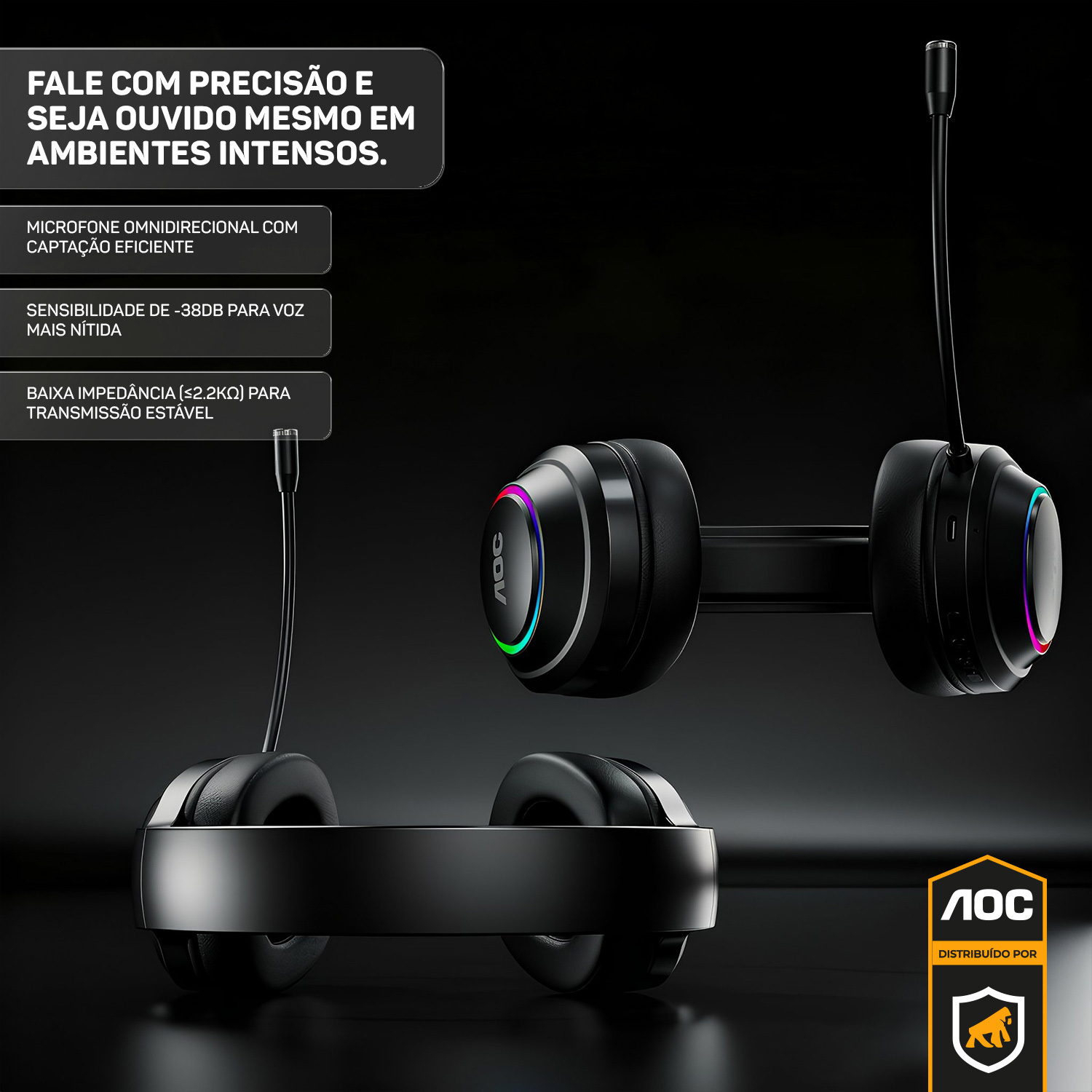 Headset Gamer Sem Fio 2.4G + Bluetooth - RGB, Microfone, Baixa Latência – Preto - AOC - foto 4
