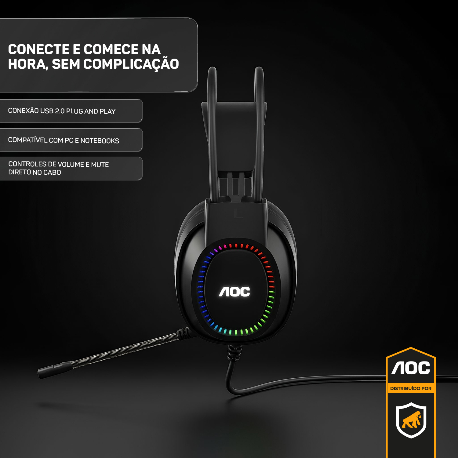 Headset Gamer USB 2.0 com Microfone, RGB, Som Imersivo e Conforto Premium – Preto - AOC - foto 2