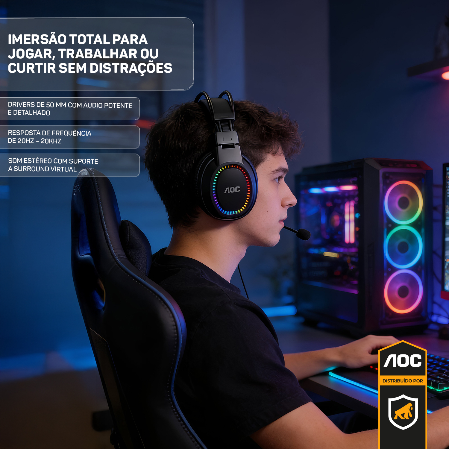 Headset Gamer USB 2.0 com Microfone, RGB, Som Imersivo e Conforto Premium – Preto - AOC - foto 5