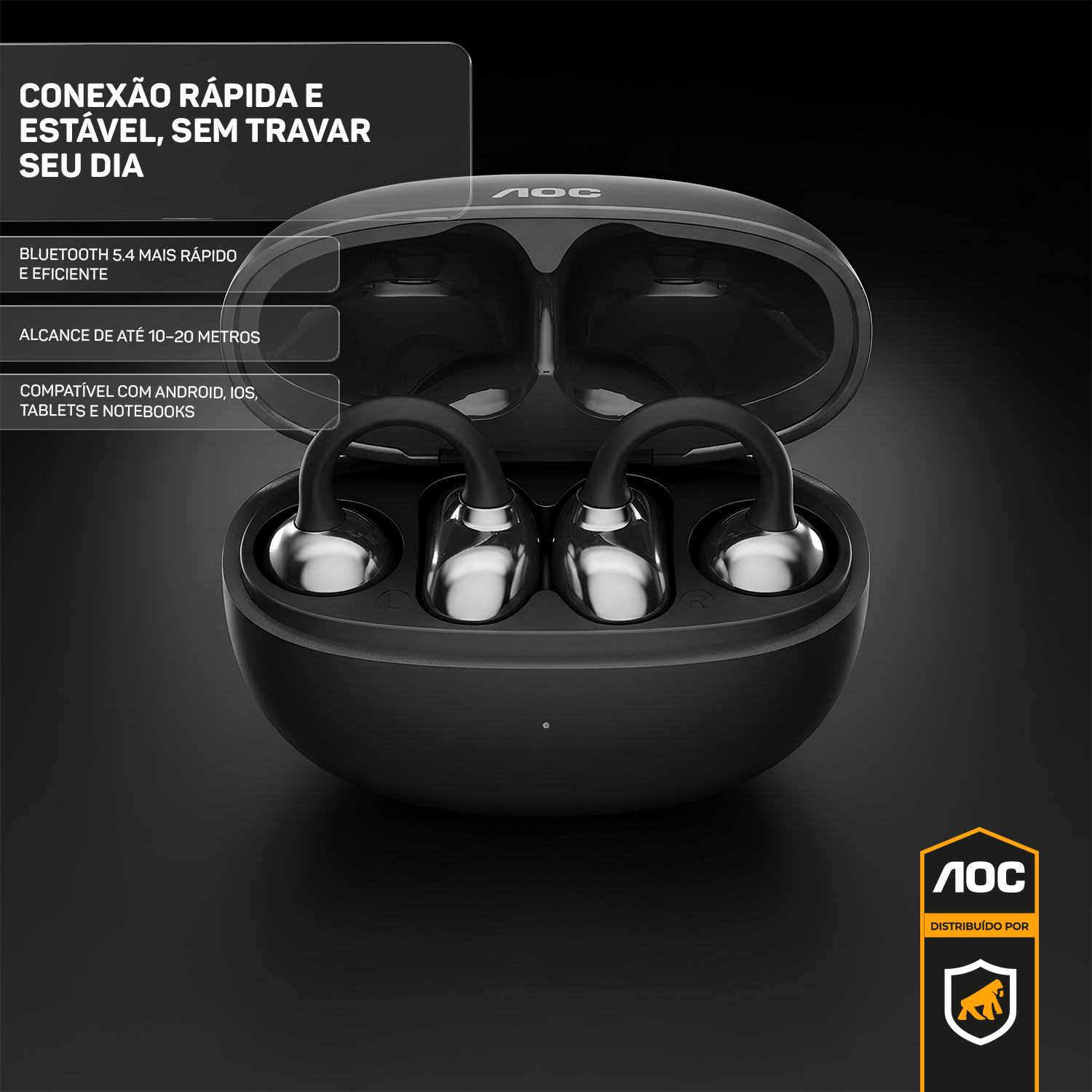 Fone Bluetooth Sem Fio TWS com Gancho de Orelha, Grave Potente, Microfone HD, Estojo Carregador, Baixa Latência - Preto - AOC - foto 4