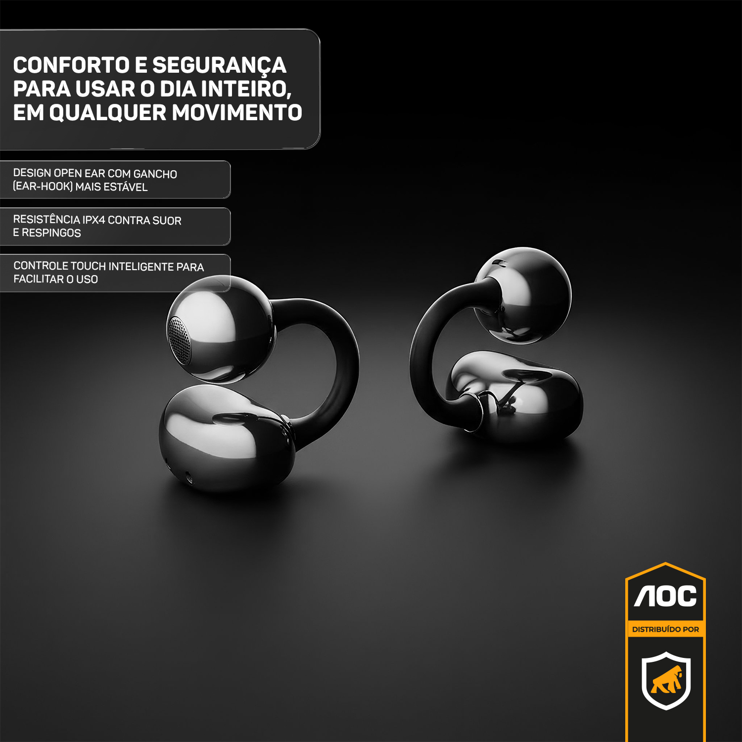 Fone Bluetooth Sem Fio TWS com Gancho de Orelha, Grave Potente, Microfone HD, Estojo Carregador, Baixa Latência - Preto - AOC - foto 2