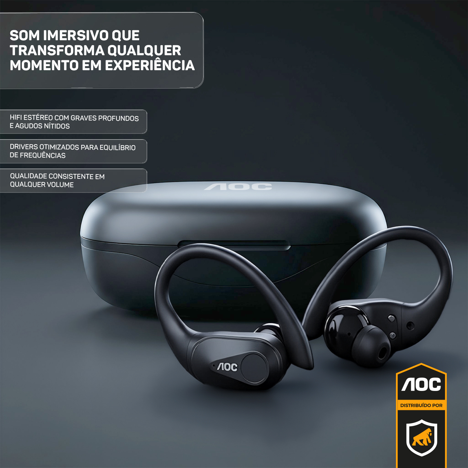 Fone Bluetooth 6.0 Sem Fio com Gancho Esportivo, IPX5, Baixa Latência, Bateria até 48h com Case, Som Hi-Fi e Microfone – Preto - AOC - foto 2