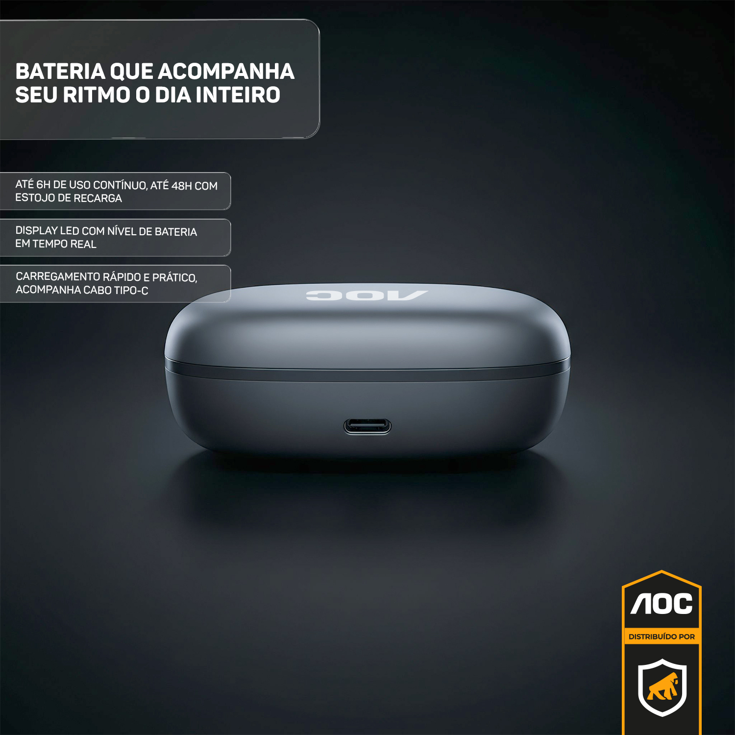 Fone Bluetooth 6.0 Sem Fio com Gancho Esportivo, IPX5, Baixa Latência, Bateria até 48h com Case, Som Hi-Fi e Microfone – Preto - AOC - foto 3