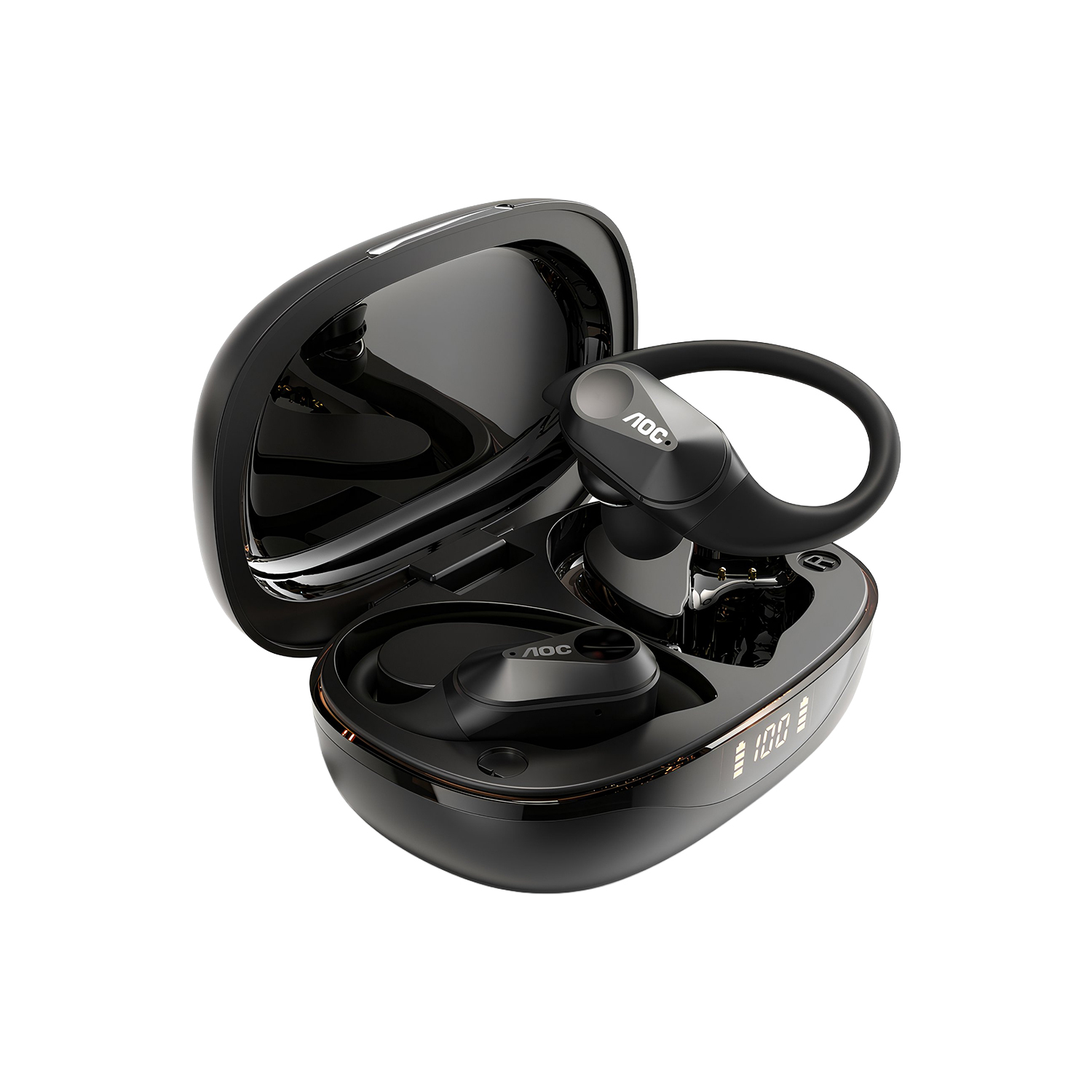 Fone Bluetooth 6.0 Sem Fio com Gancho Esportivo, IPX5, Baixa Latência, Bateria até 48h com Case, Som Hi-Fi e Microfone – Preto - AOC