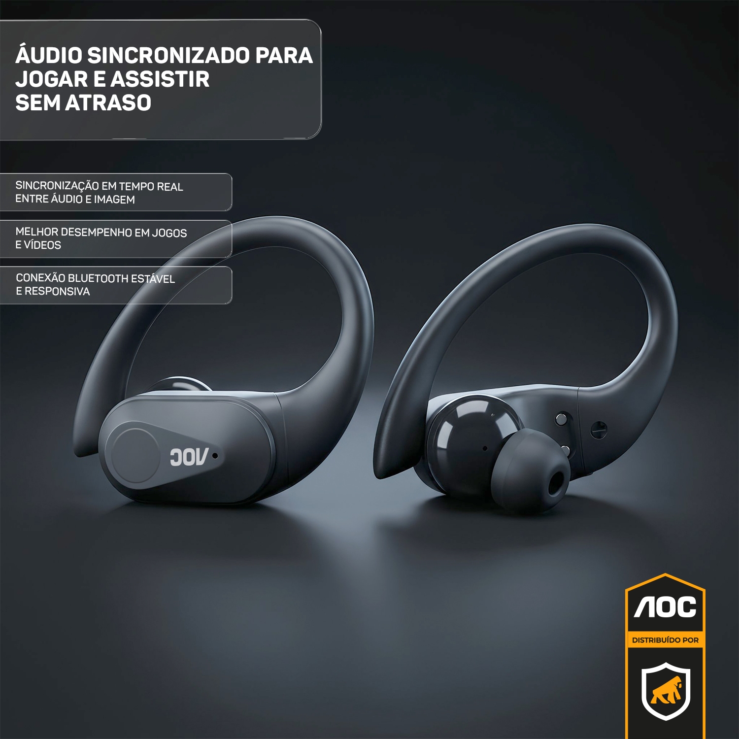 Fone Bluetooth 6.0 Sem Fio com Gancho Esportivo, IPX5, Baixa Latência, Bateria até 48h com Case, Som Hi-Fi e Microfone – Preto - AOC - foto 5