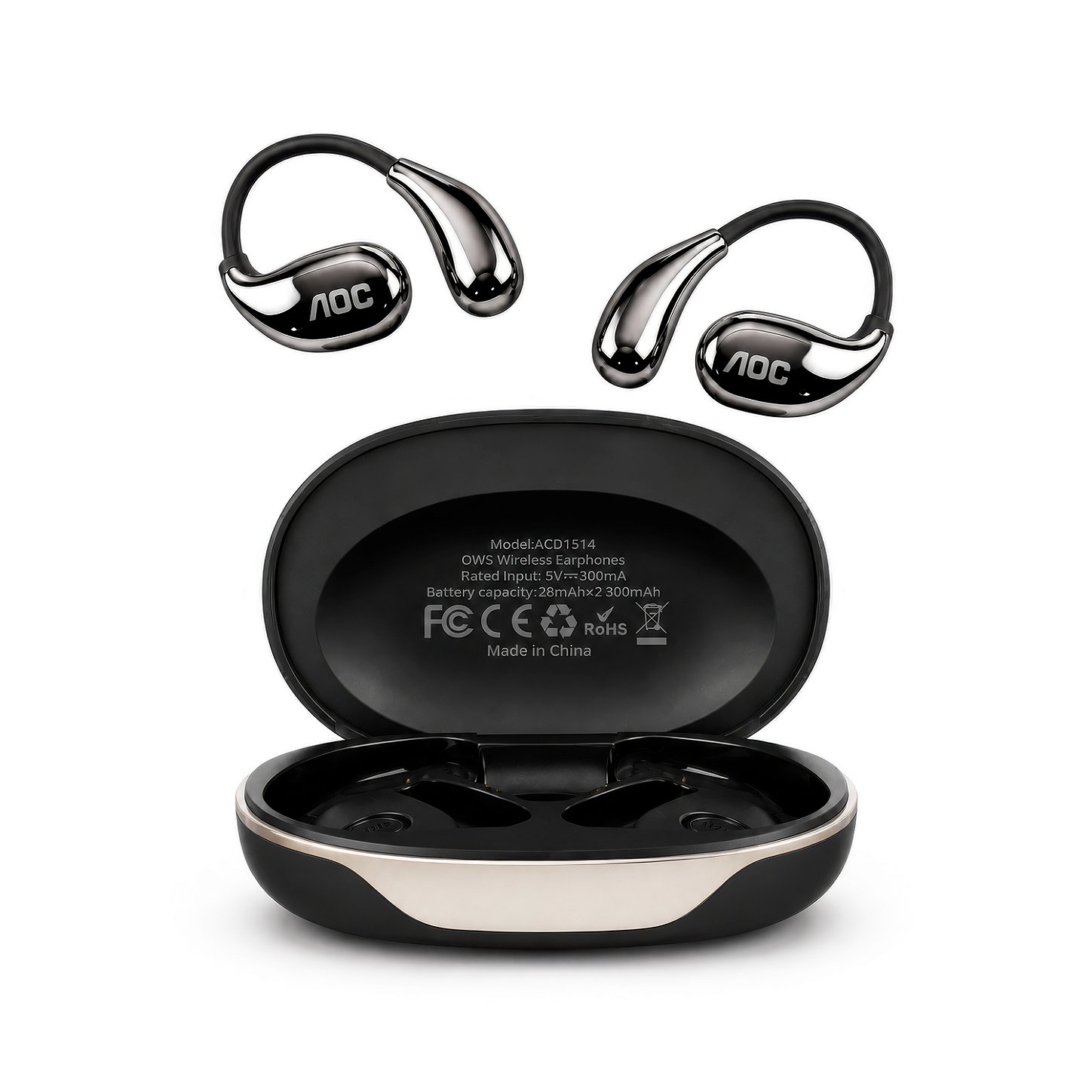 Fone Auricular Open-Ear Clip Earbuds Bluetooth 5.4 Open Stereo Sem Fio com Alcance até 10 metros, Baixa Latência, Tradução Simultânea por IA e Microfone Integrado - Preto - AOC