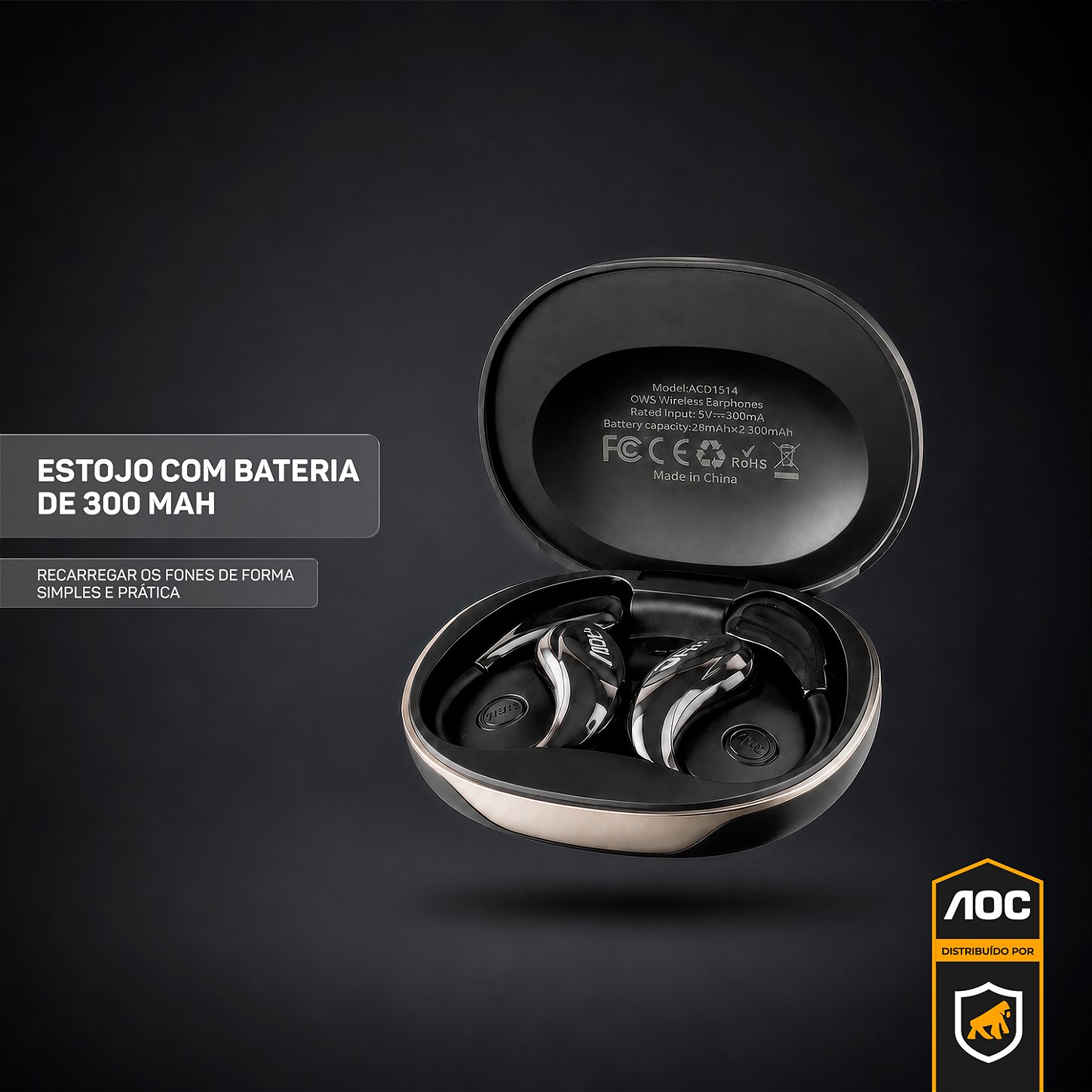 Fone Auricular Open-Ear Clip Earbuds Bluetooth 5.4 Open Stereo Sem Fio com Alcance até 10 metros, Baixa Latência, Tradução Simultânea por IA e Microfone Integrado - Preto - AOC - foto 2
