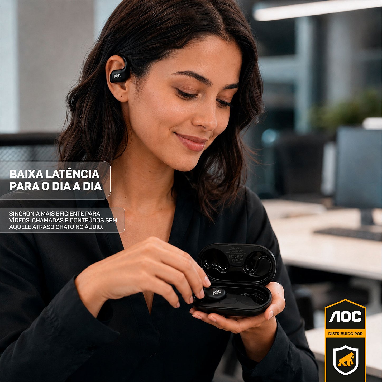 Fone Auricular Ear Clip Bluetooth 5.4 Sem fio com Alcance até 10 metros, Baixa Latência, Tradução Simultânea por IA e Microfone Integrado - Preto - AOC - foto 2