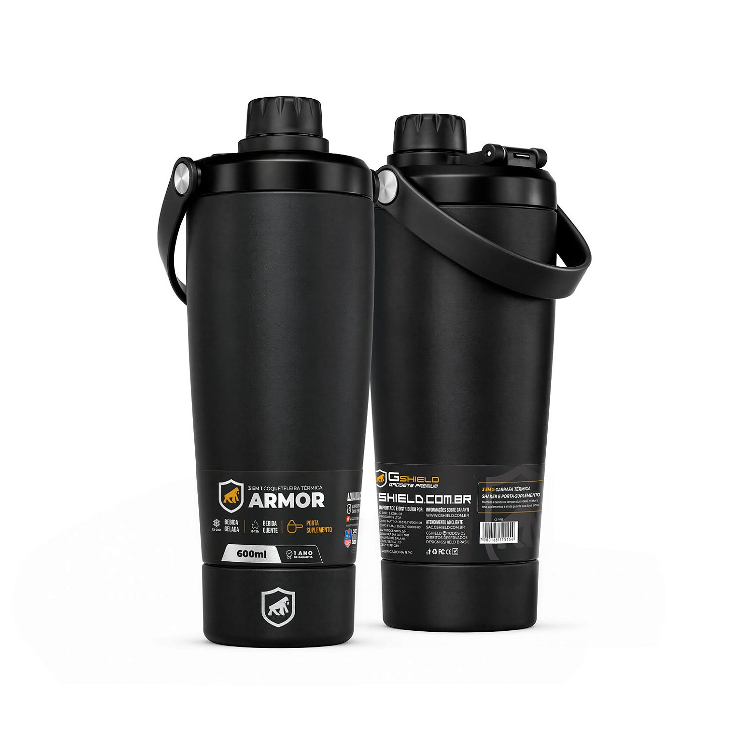 Coqueteleira Térmica Armor 600ml com Tela Antigrumos, Compartimento para Whey e Alça para Transporte - Preta - Gshield - foto 2