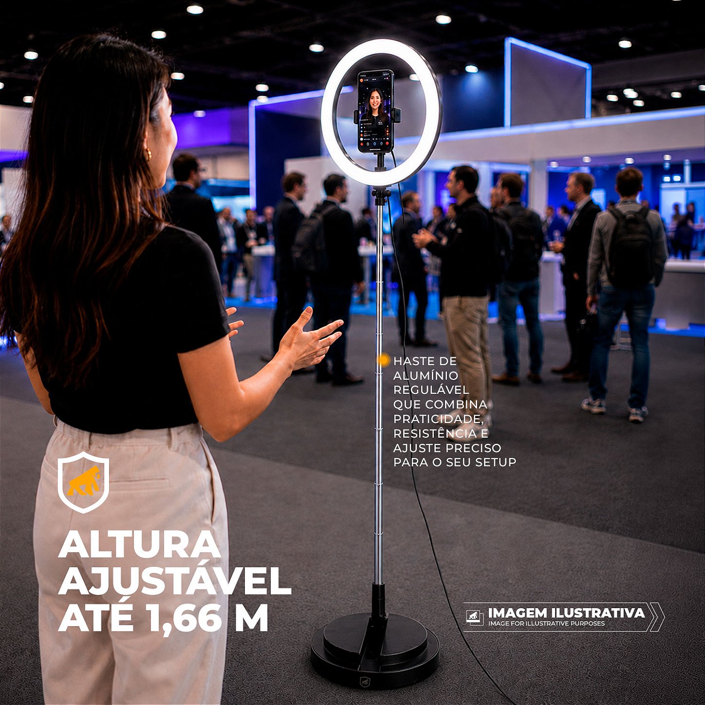 Ring Light LED Portátil com 3 tons de iluminação Tripé Ajustável 1,66m USB-C - Armor - Gshield - foto 4