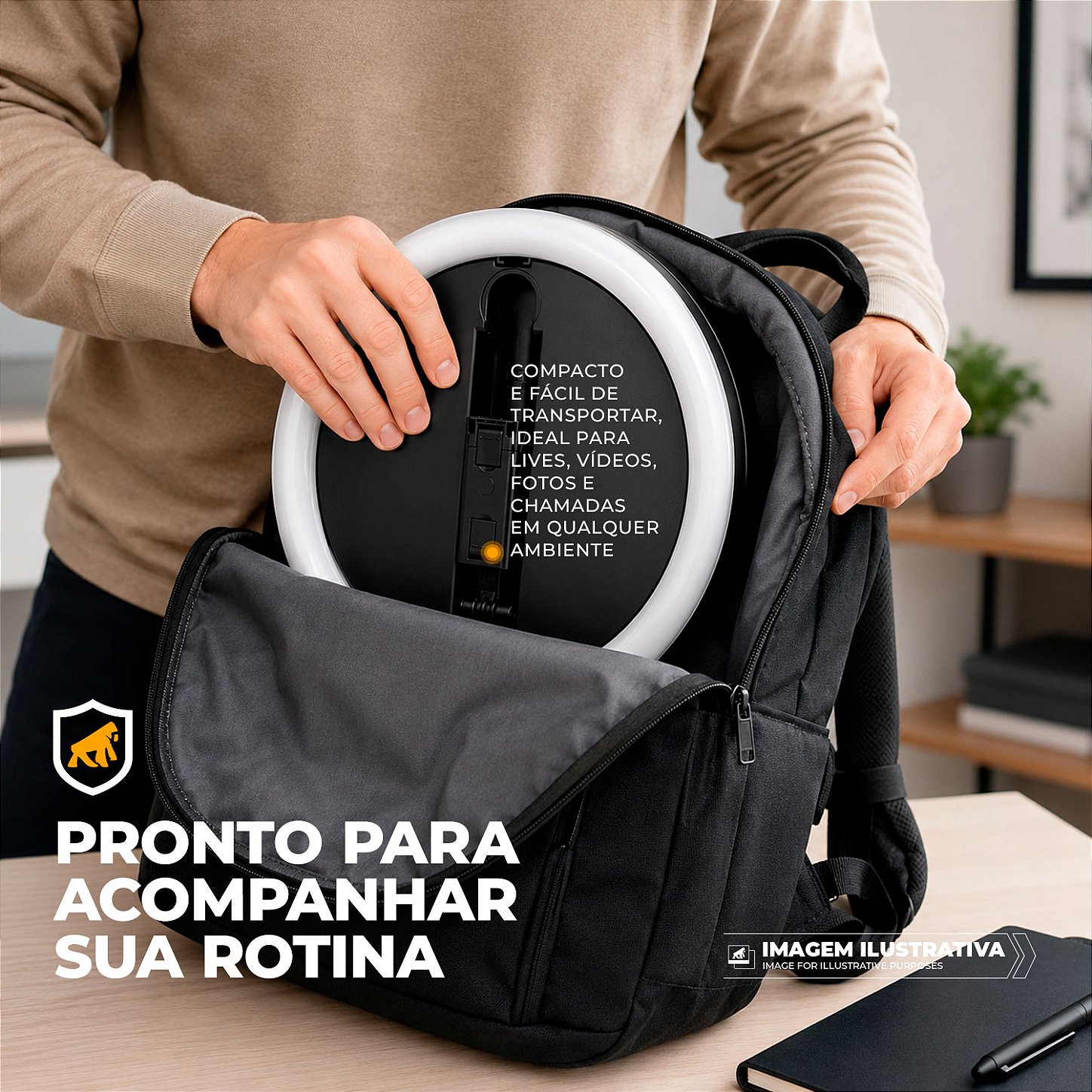 Ring Light LED Portátil com 3 tons de iluminação Tripé Ajustável 1,66m USB-C - Armor - Gshield - foto 3