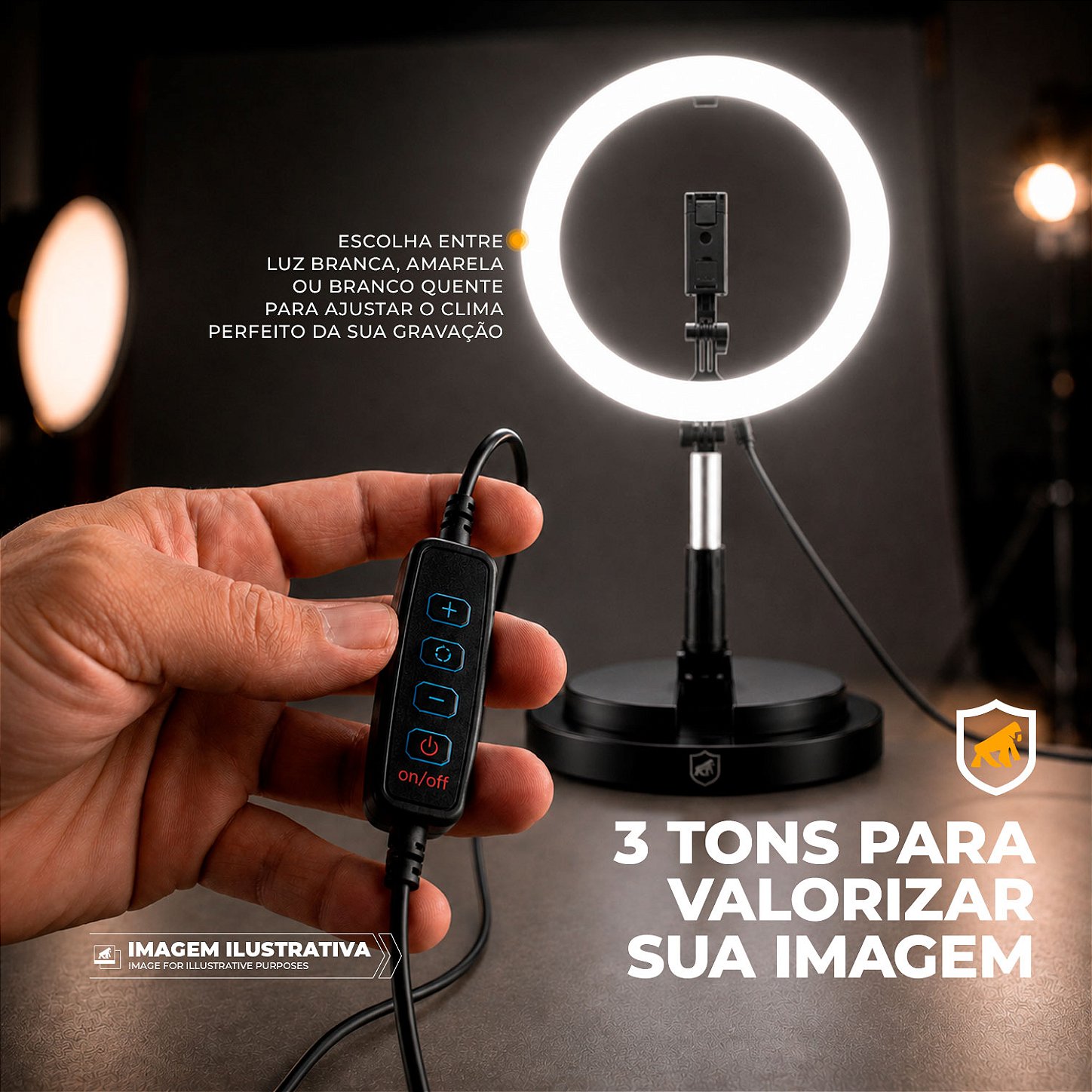 Ring Light LED Portátil com 3 tons de iluminação Tripé Ajustável 1,66m USB-C - Armor - Gshield - foto 5