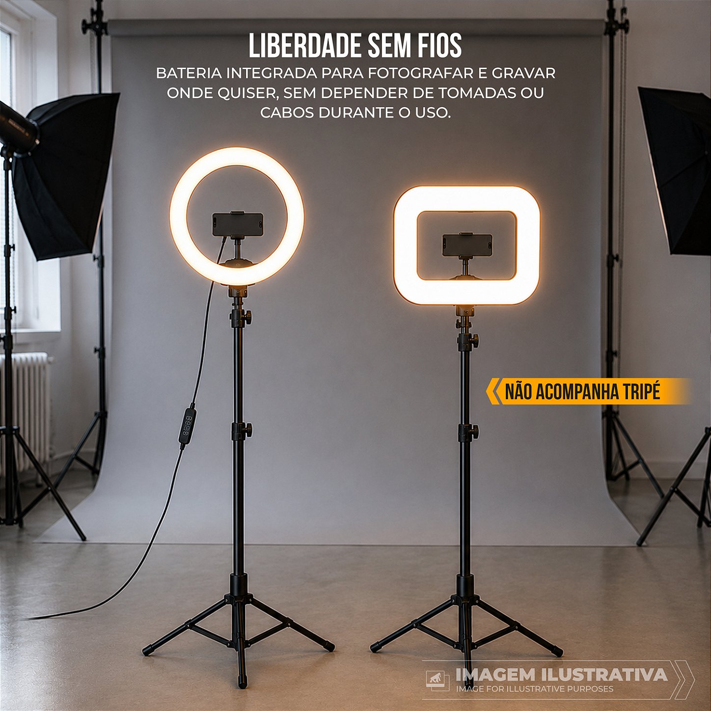Ring Light LED Quadrada Portátil Multifuncional com 3 Suportes Universais para Sapata, 240 LEDs, Suporte Integrado para Celular e Cor Ajustável 2500k e 8500k - Victus - Gshield - foto 5