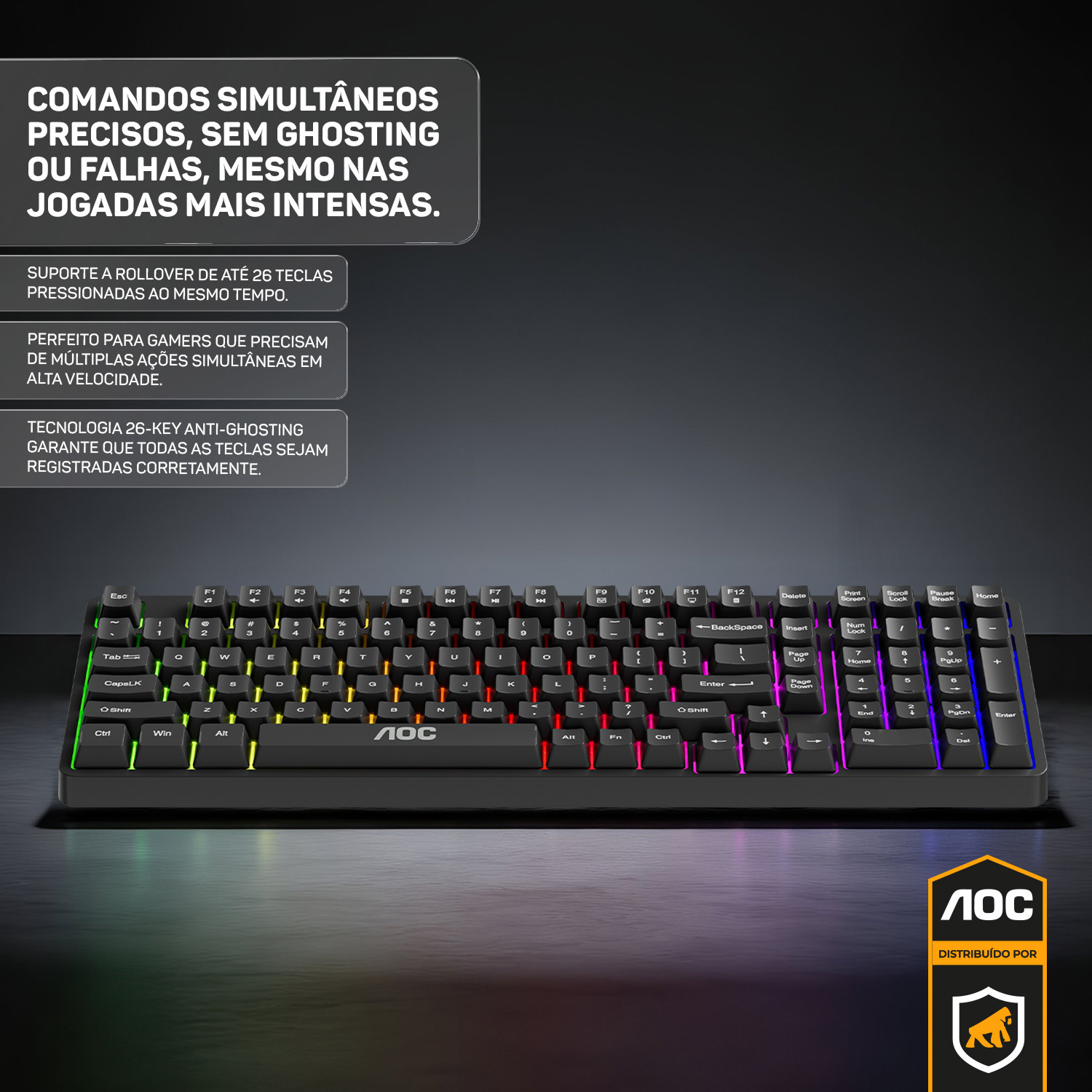 Teclado Gamer RGB com Fio – Anti-Ghosting 26 Teclas, LED Rainbow, Teclas Silenciosas e Alta Performance - AOC - foto 4