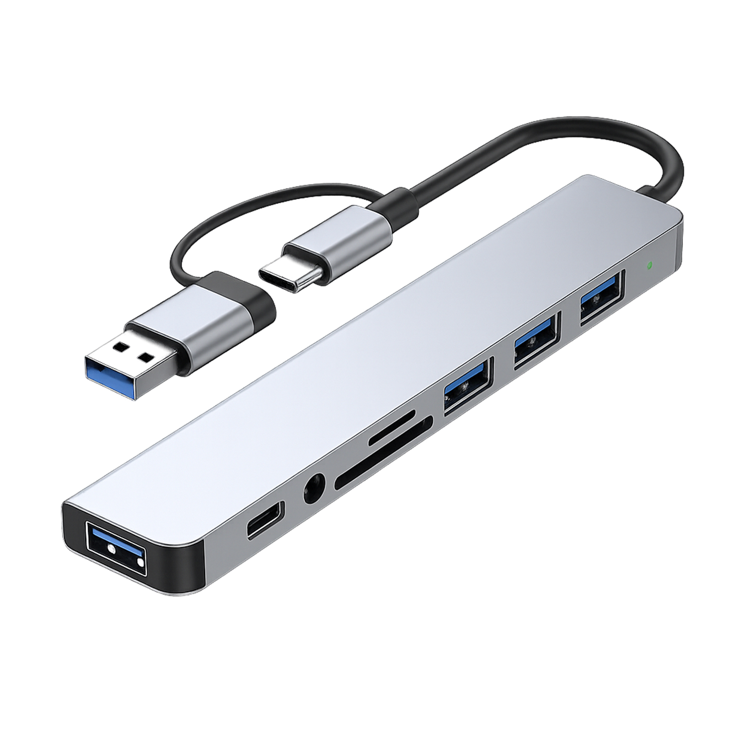 Adaptador 8 em 1 - Tipo C / P2 / USB-A 3.0 / TF / SD - Verde