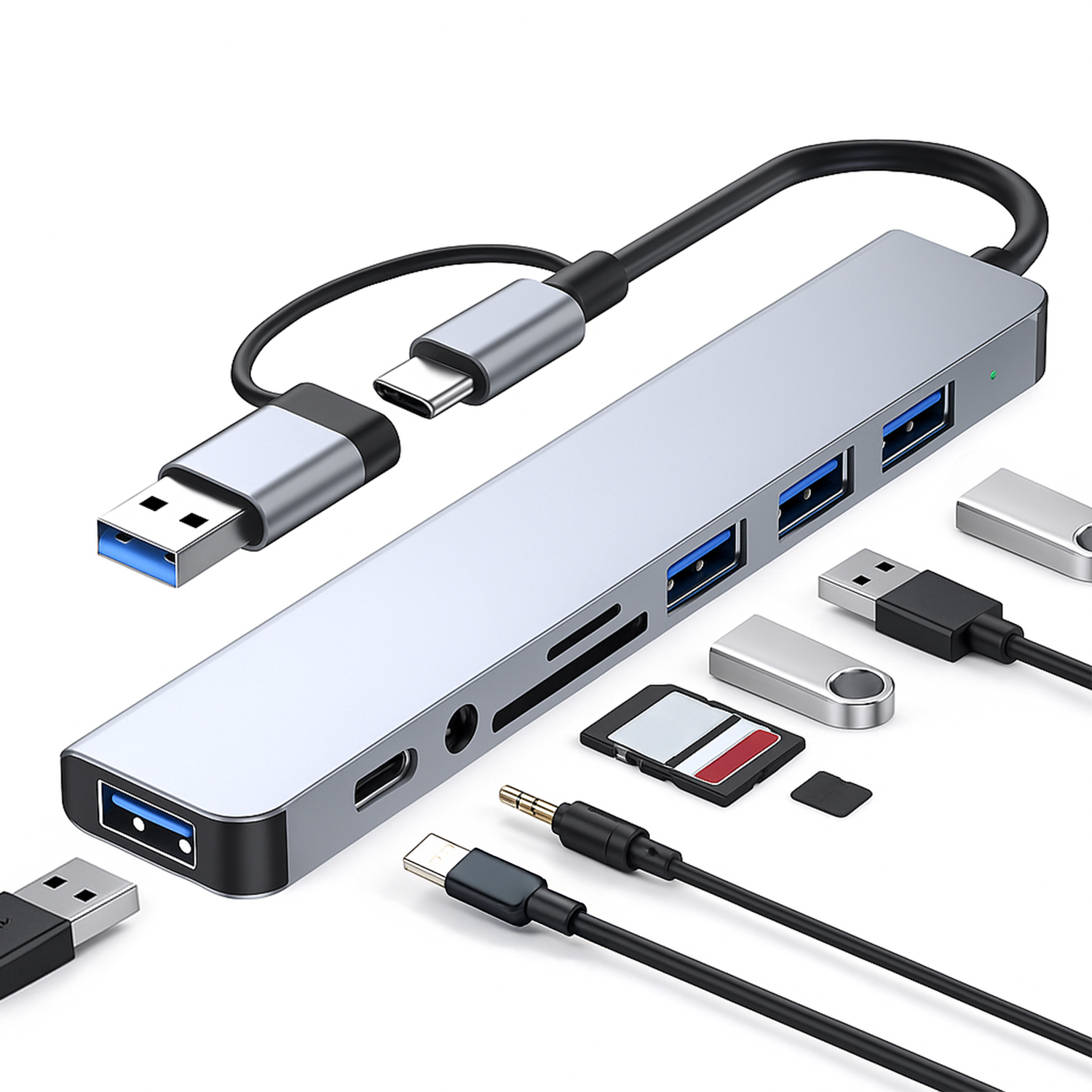 Adaptador 8 em 1 - Tipo C / P2 / USB-A 3.0 / TF / SD - Verde - foto 3