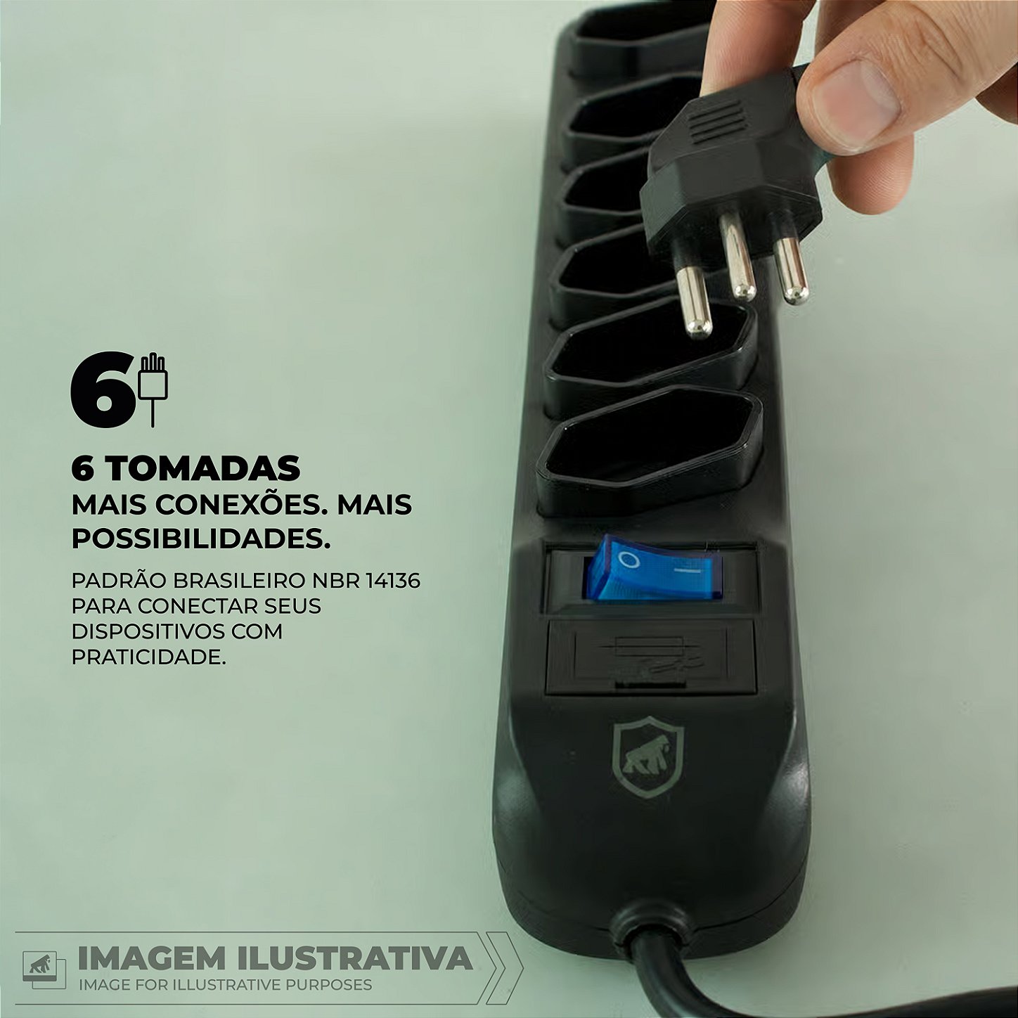Filtro de Linha com 6 Tomadas Bivolt 110V/220V, Cabo Reforçado 1,5M, Padrão Brasileiro NBR 14136 e Proteção Contra Sobrecarga - Dual Shock - Gshield - foto 5