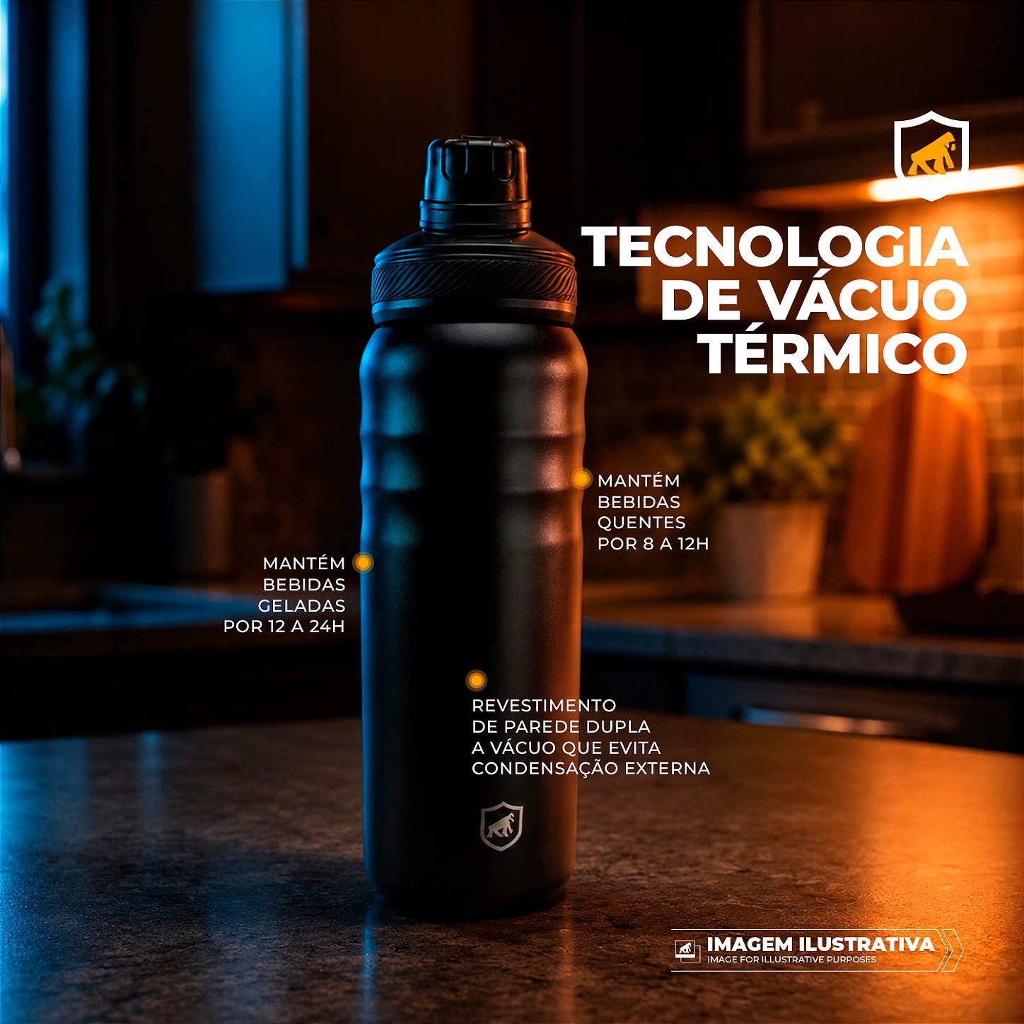 Garrafa Térmica Aço inoxidável de Parede Dupla 700ml, Quente ou Frio, Antivazamento com Alça de Silicone -Preta - Armor - Gshield - foto 6