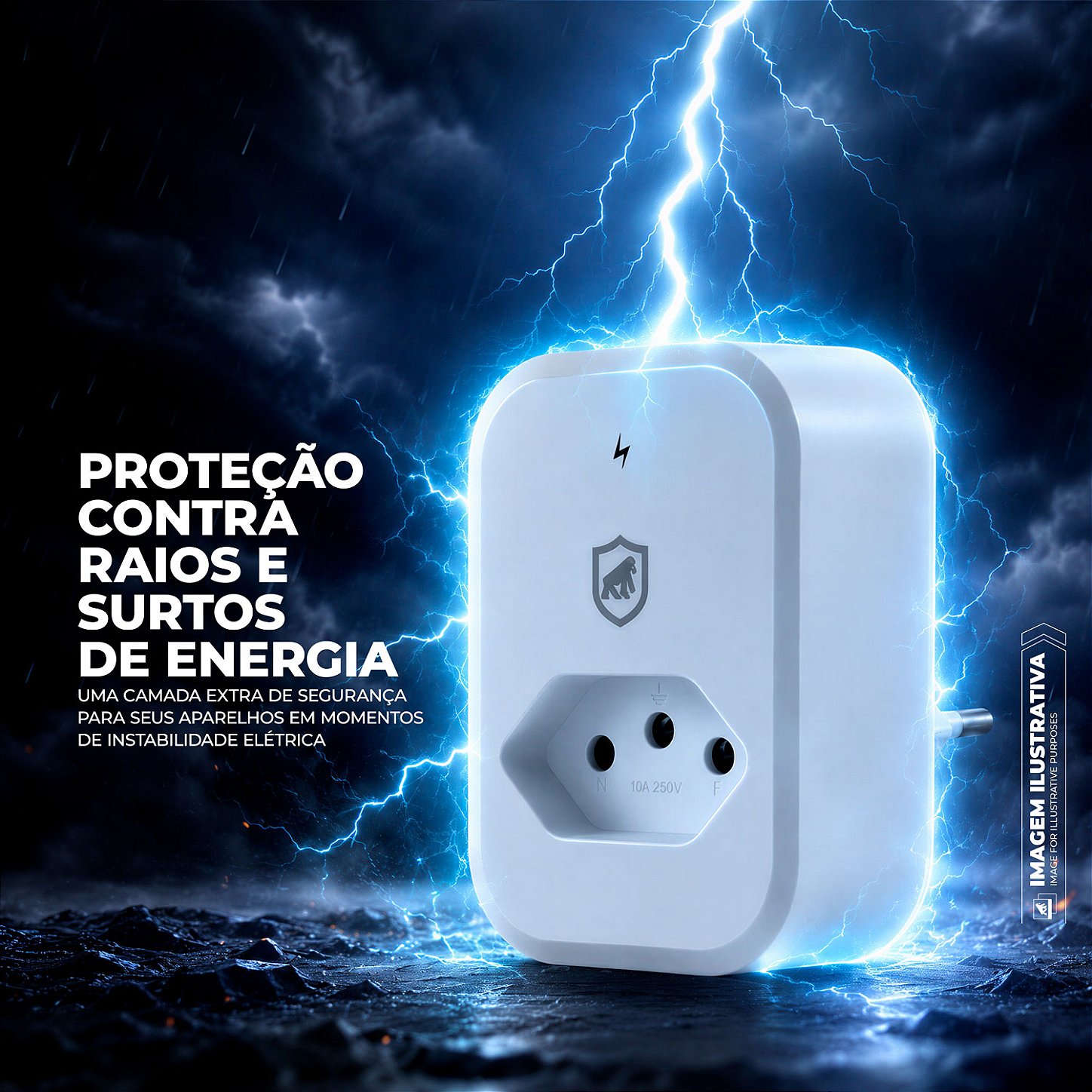 Protetor contra Surtos Elétricos Anti-Raio de até 1,2 kA com Tecnologia DPS, Fabricado em PC antichamas, Bivolt 10A e LED indicativo, Branco - Dual Shock - Gshield