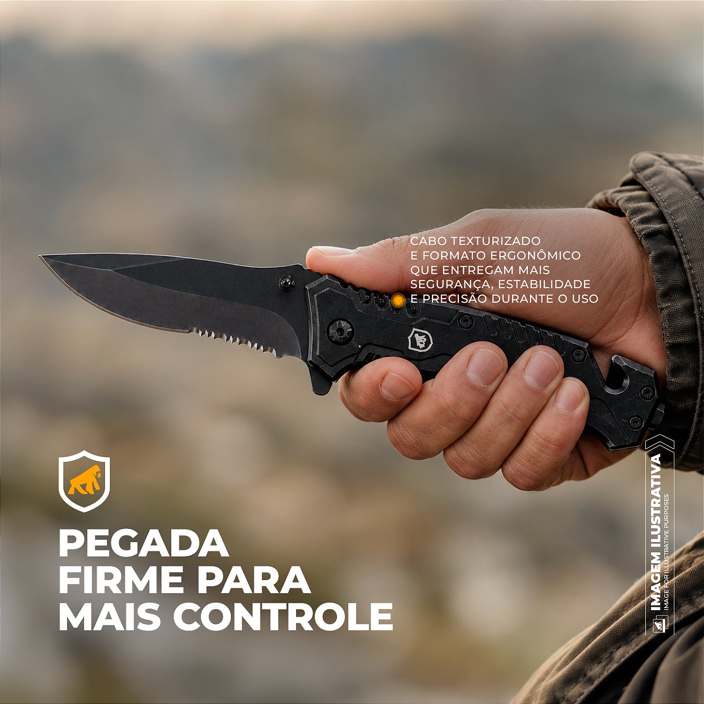 Faca Tática Dobrável de Bolso Multifuncional 5 em 1 Lâmina Semi-Serrilhada em Aço Inox com Bainha - Raptor - Gshield