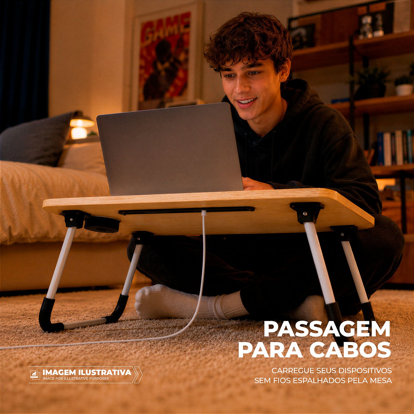 Mesa de Notebook Multiuso Armor Portátil Dobrável em Madeira para Cama e Sofá com Porta-Tablet e Porta-Copos - Gshield - foto 2