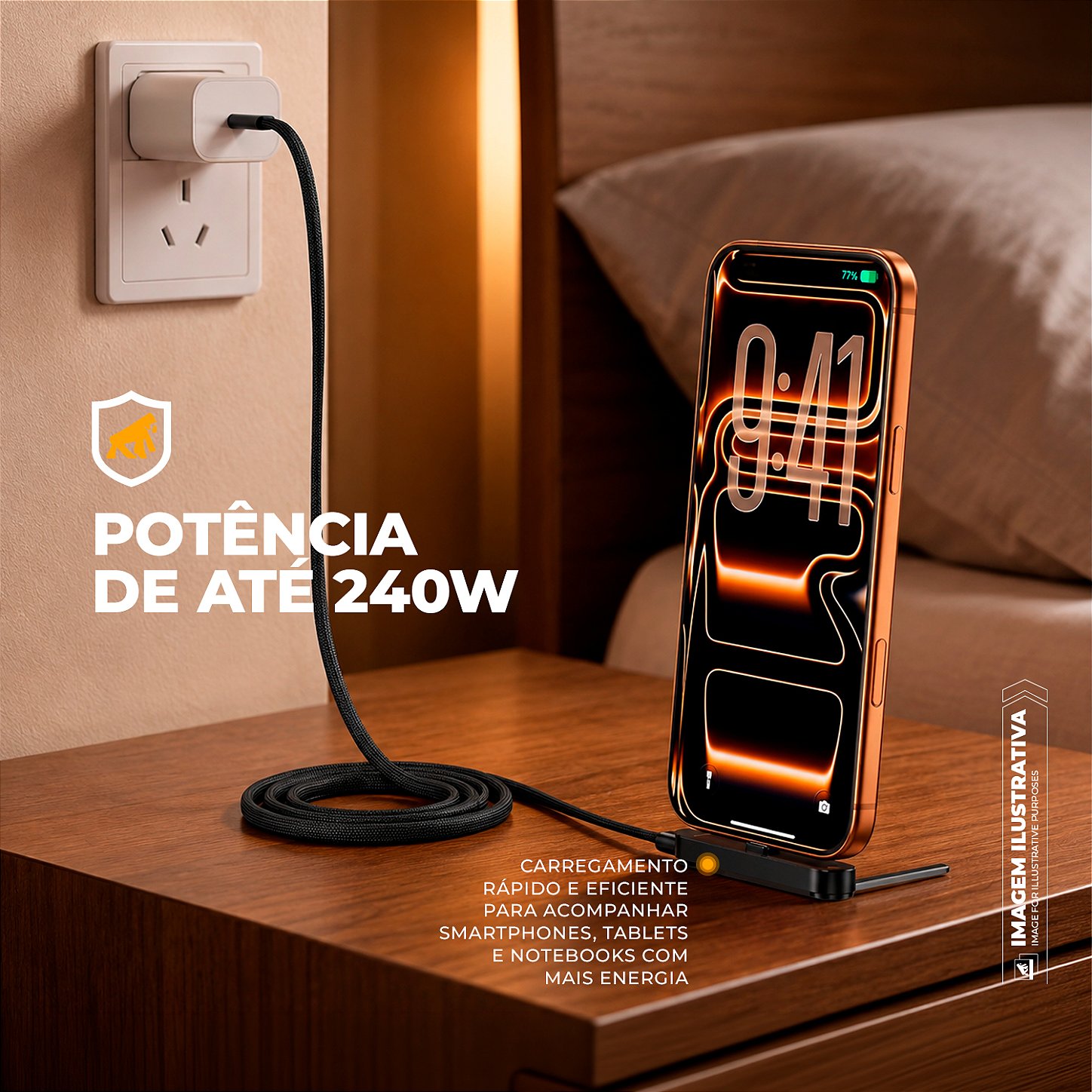 Cabo Trançado Preto 1M Tipo-C / Tipo-C 2 em 1 com Suporte de Metal Integrado, Conector Lateral e Carregamento até 240W - ArmorStand - Gshield - foto 2