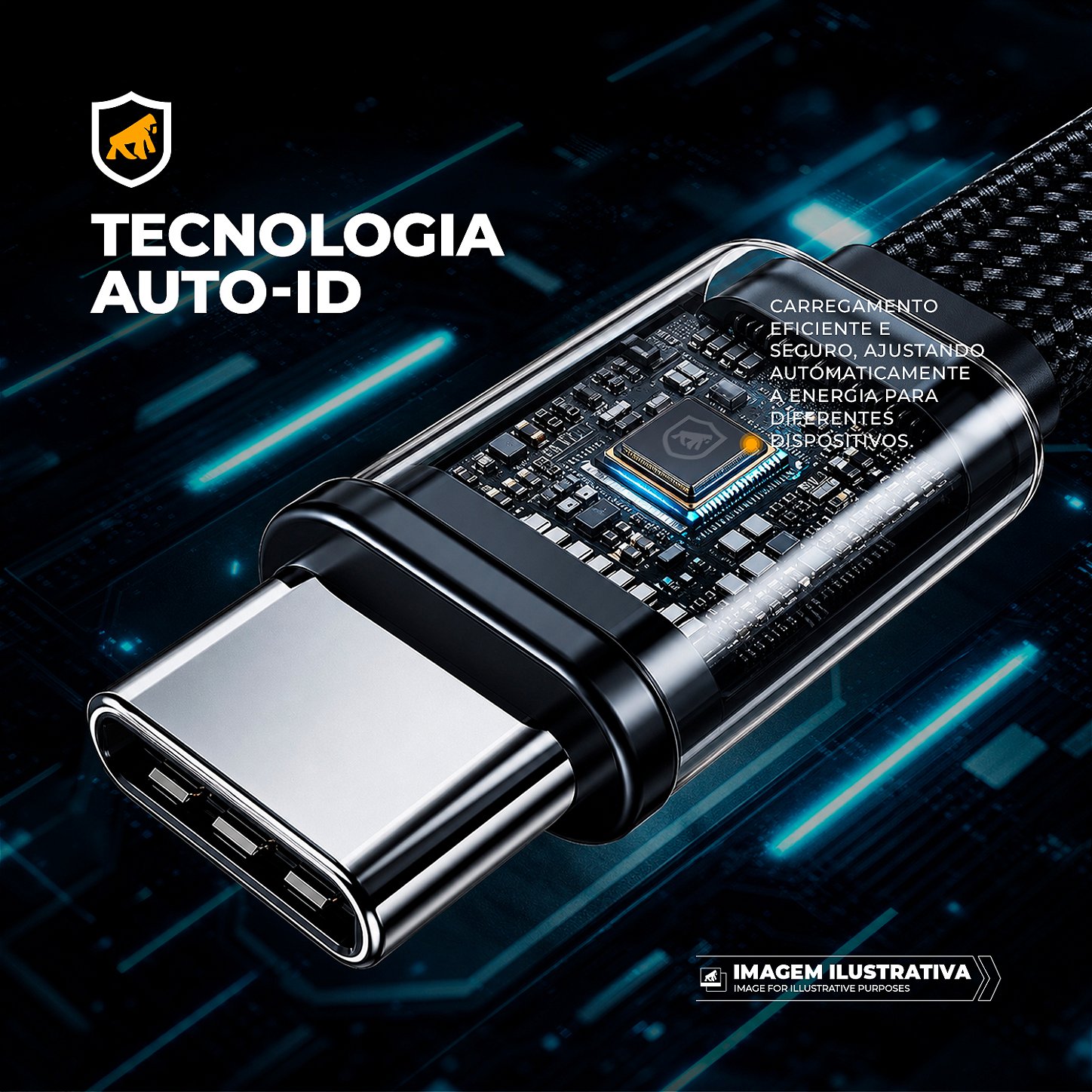 Cabo Trançado Preto 1M Tipo-C / Tipo-C 2 em 1 com Suporte de Metal Integrado, Conector Lateral e Carregamento até 240W - ArmorStand - Gshield - foto 5
