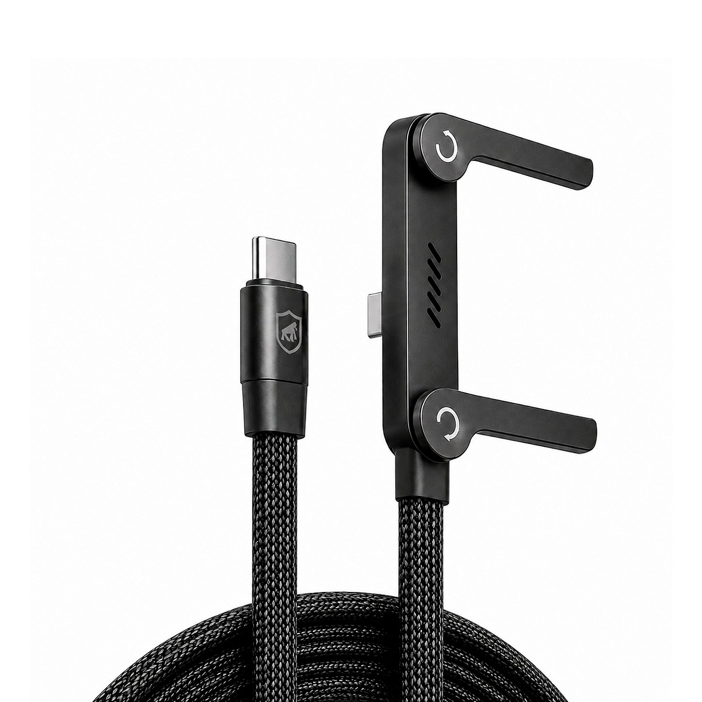 Cabo Trançado Preto 1M Tipo-C / Tipo-C 2 em 1 com Suporte de Metal Integrado, Conector Lateral e Carregamento até 240W - ArmorStand - Gshield