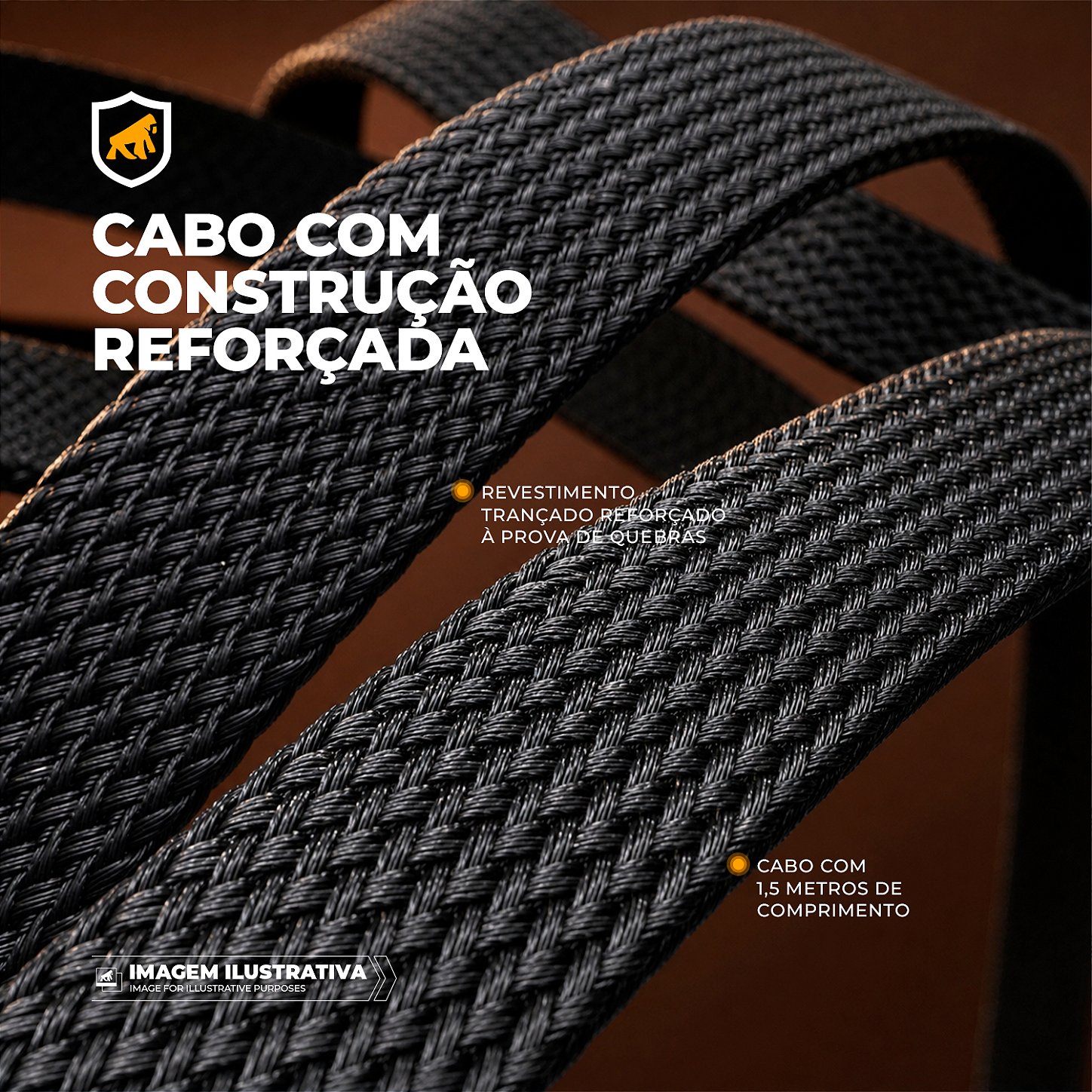 Cabo Trançado Preto 1M Tipo-C / Tipo-C 2 em 1 com Suporte de Metal Integrado, Conector Lateral e Carregamento até 240W - ArmorStand - Gshield - foto 4