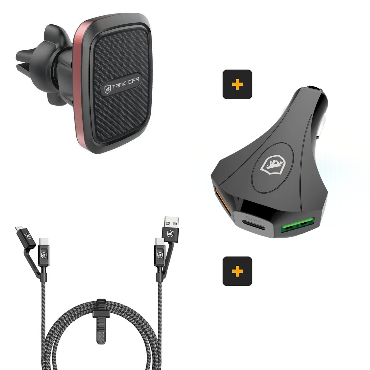 Kit Veicular: Suporte Tank Car + Cabo Defender 4 em 1 + Carregador Triplo Turbo Tank - Gshield