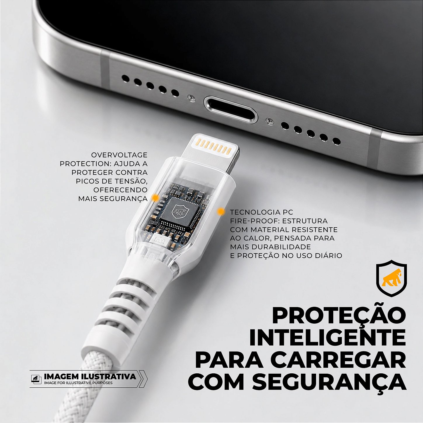 Cabo Dual Armor Tipo C/ Lightning 1M com Carregamento Rápido 27W Revestido em Nylon Balístico - Branco - Gshield