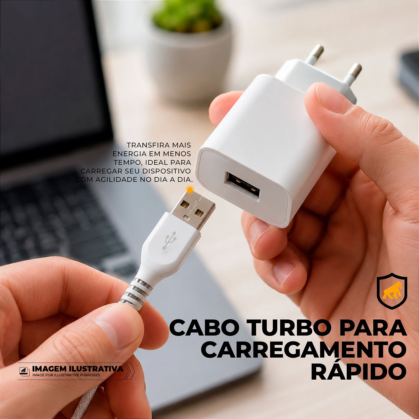 Cabo Dual Armor Tipo C/ USB-A 1M com Carregamento Rápido 18W Revestido em Nylon Balístico - Branco - Gshield