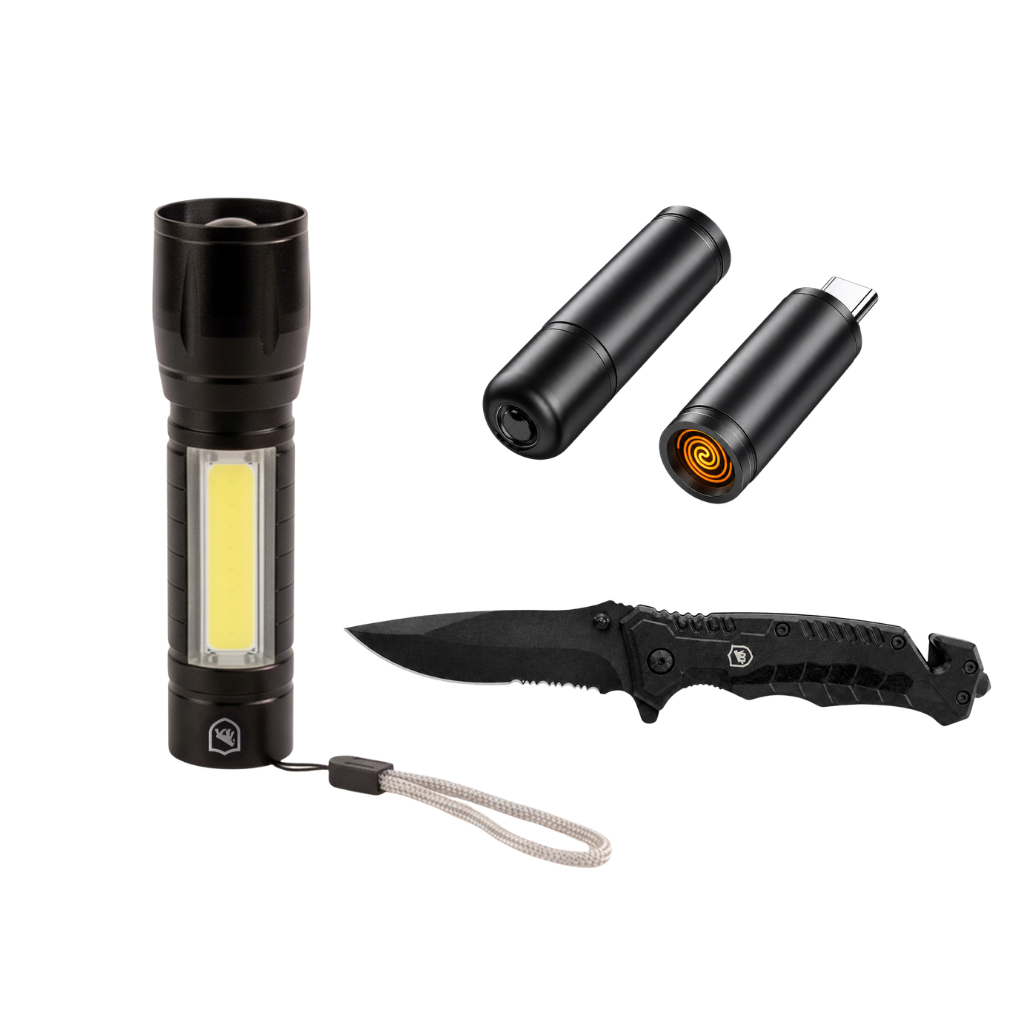 Kit Sobrevivência Faca Tática Raptor + Lanterna LED Hybrid + Acendedor Portátil Armor - Gshield