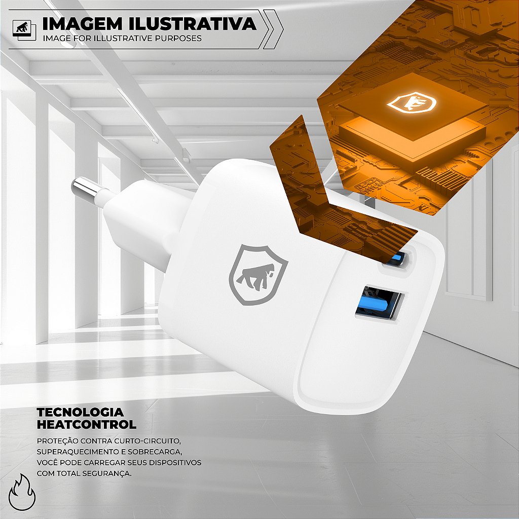 Kit Carregador de Parede Universal Tipo C / USB-A 20W + Cabo 1M Tipo C / USB-A 18W - Gshield