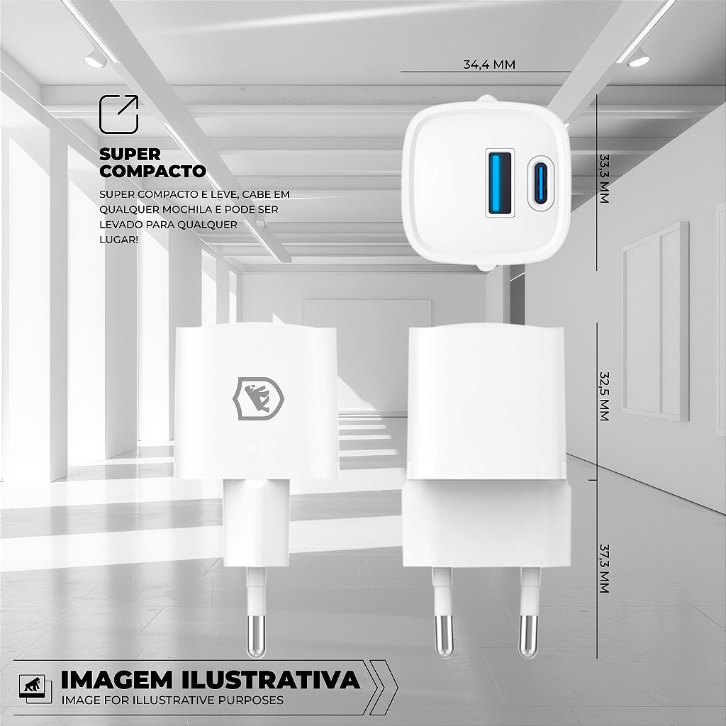 Kit Carregador de Parede Universal Tipo C / USB-A 20W + Cabo 1M Tipo C / USB-A 18W - Gshield