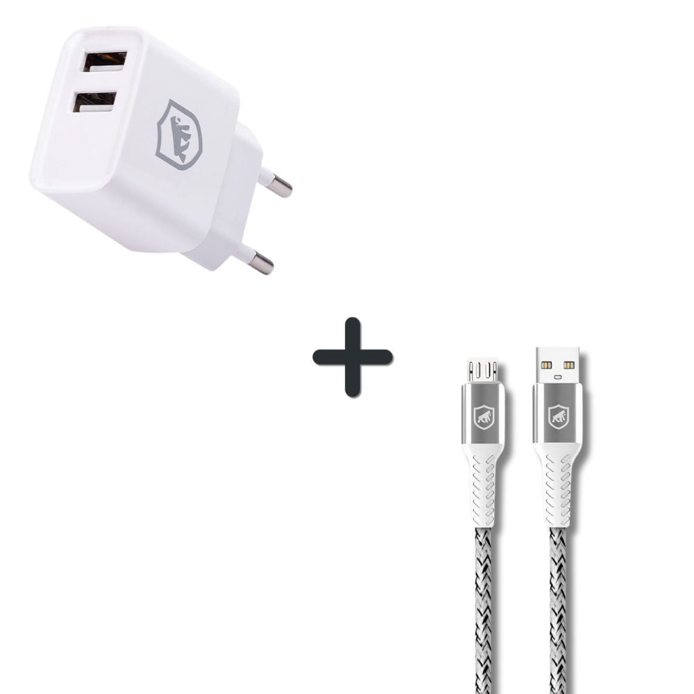 Kit Carregador de Parede Flex USB-A 12W + Cabo Nylon Kevlar Micro USB V8 / USB-A 1,5M - Branco - Gshield