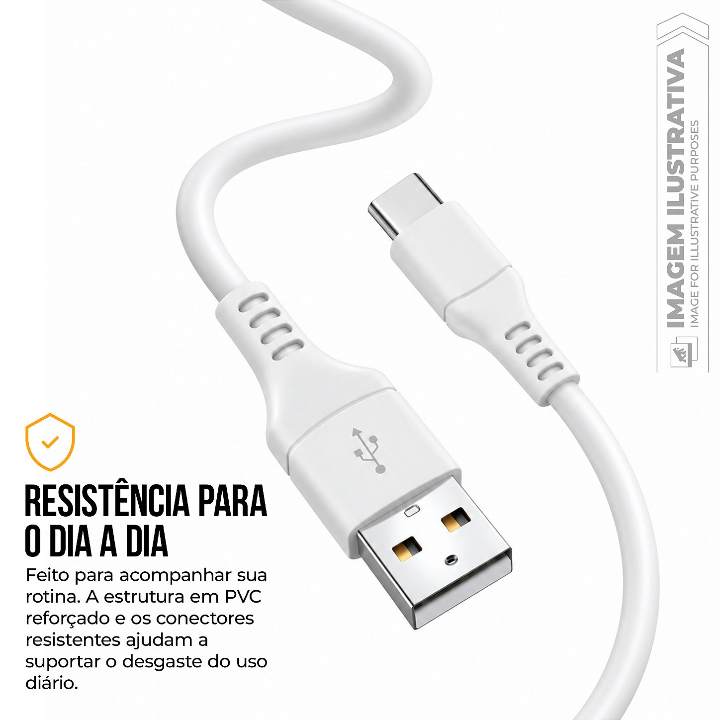 Cabo Easy USB-A / Tipo-C 1 Metro, PVC Reforçado, Carregamento Rápido 18W 3A e Transferência de Dados 480 Mbps, Branco – Gshield - foto 4