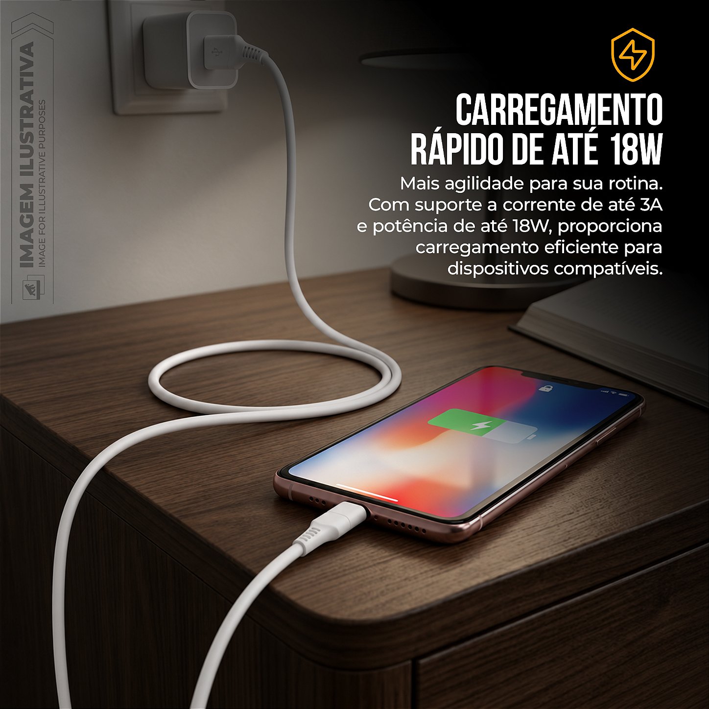 Cabo Easy USB-A / Tipo-C 1 Metro, PVC Reforçado, Carregamento Rápido 18W 3A e Transferência de Dados 480 Mbps, Branco – Gshield - foto 3