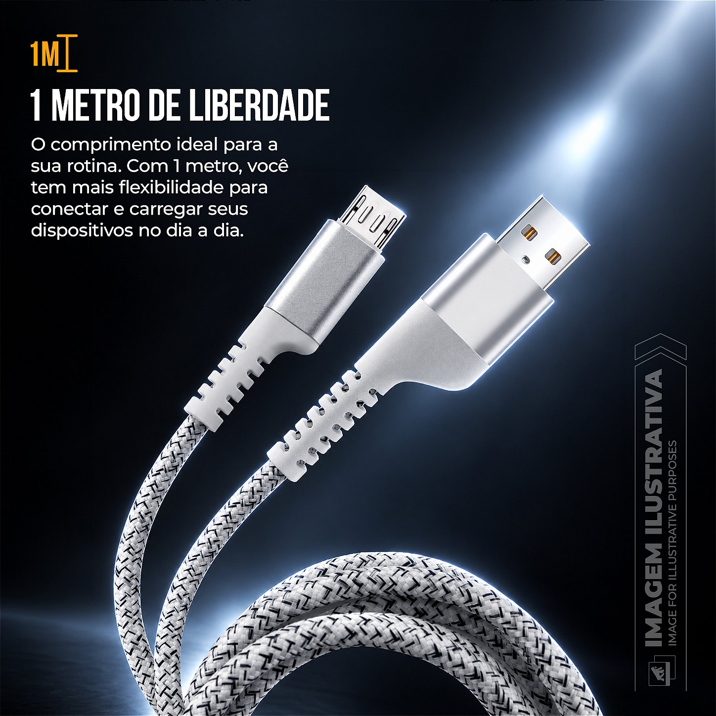 Cabo Micro USB-A 1M Nylon Trançado, Carregamento Rápido 3A e Transferência de Dados 480Mbps - Branco - Fish Kevlar - foto 2