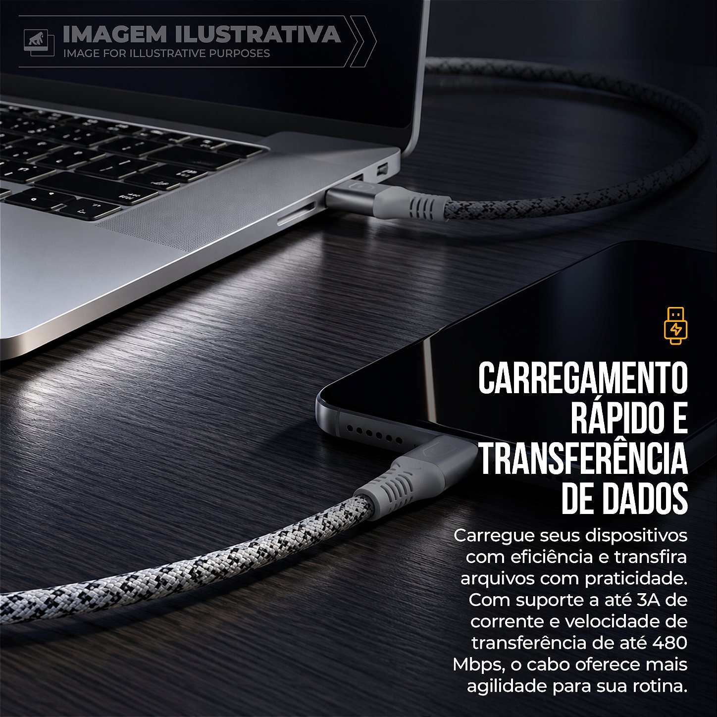 Cabo Micro USB-A 1M Nylon Trançado, Carregamento Rápido 3A e Transferência de Dados 480Mbps - Branco - Fish Kevlar - foto 3