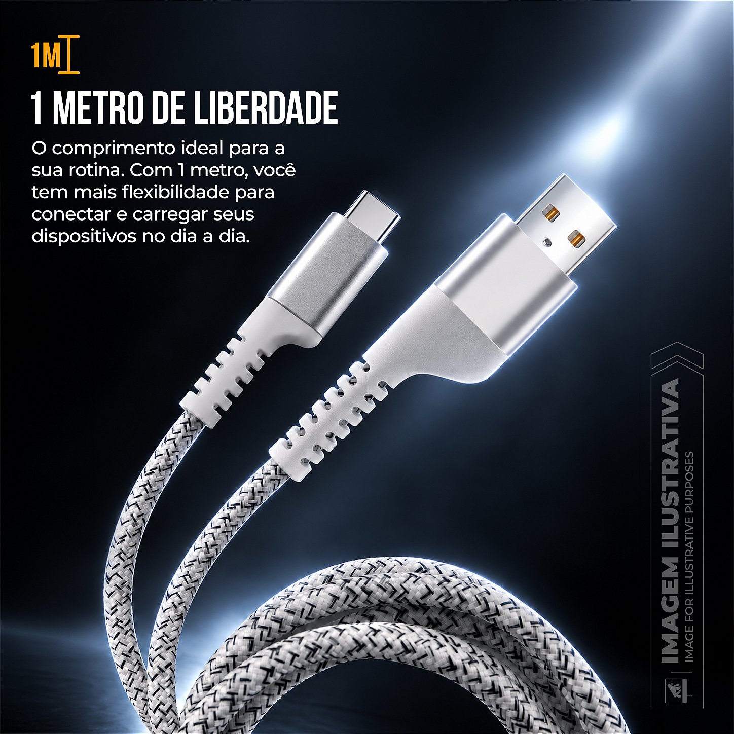 Cabo Tipo C / USB-A 1M Nylon Trançado, Carregamento Rápido 3A e Transferência de Dados 480Mbps - Branco - Fish Kevlar - foto 2