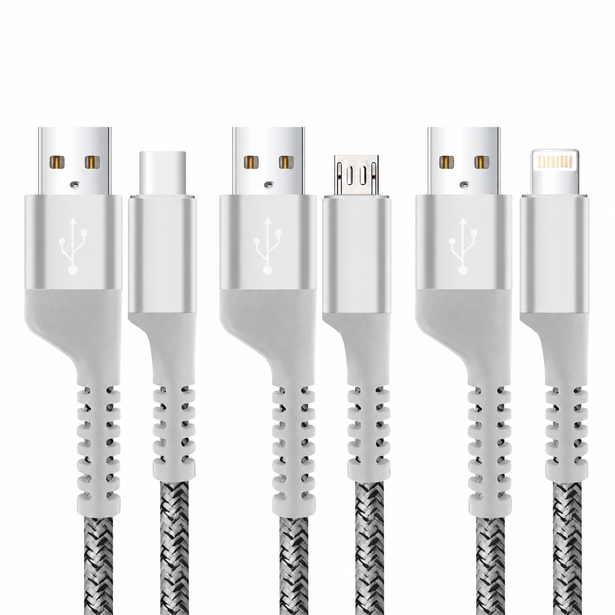 Cabo Lightning / USB-A | Micro USB -A |Tipo C / USB-A 1M Nylon Trançado, Carregamento Rápido 3A e Transferência de Dados 480Mbps - Branco - Fish Kevlar